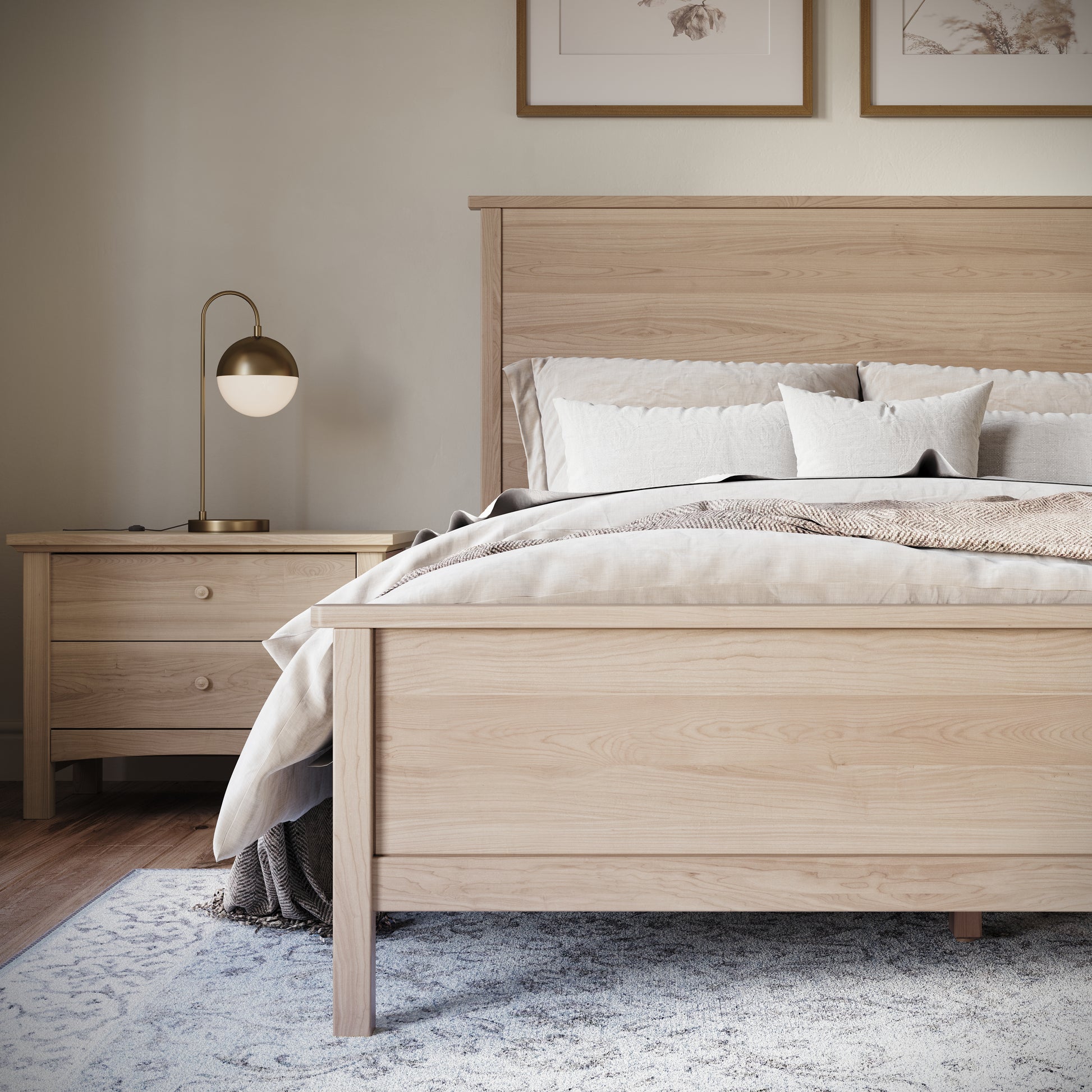 Maple bedframe in an upscale, well lit bedroom
