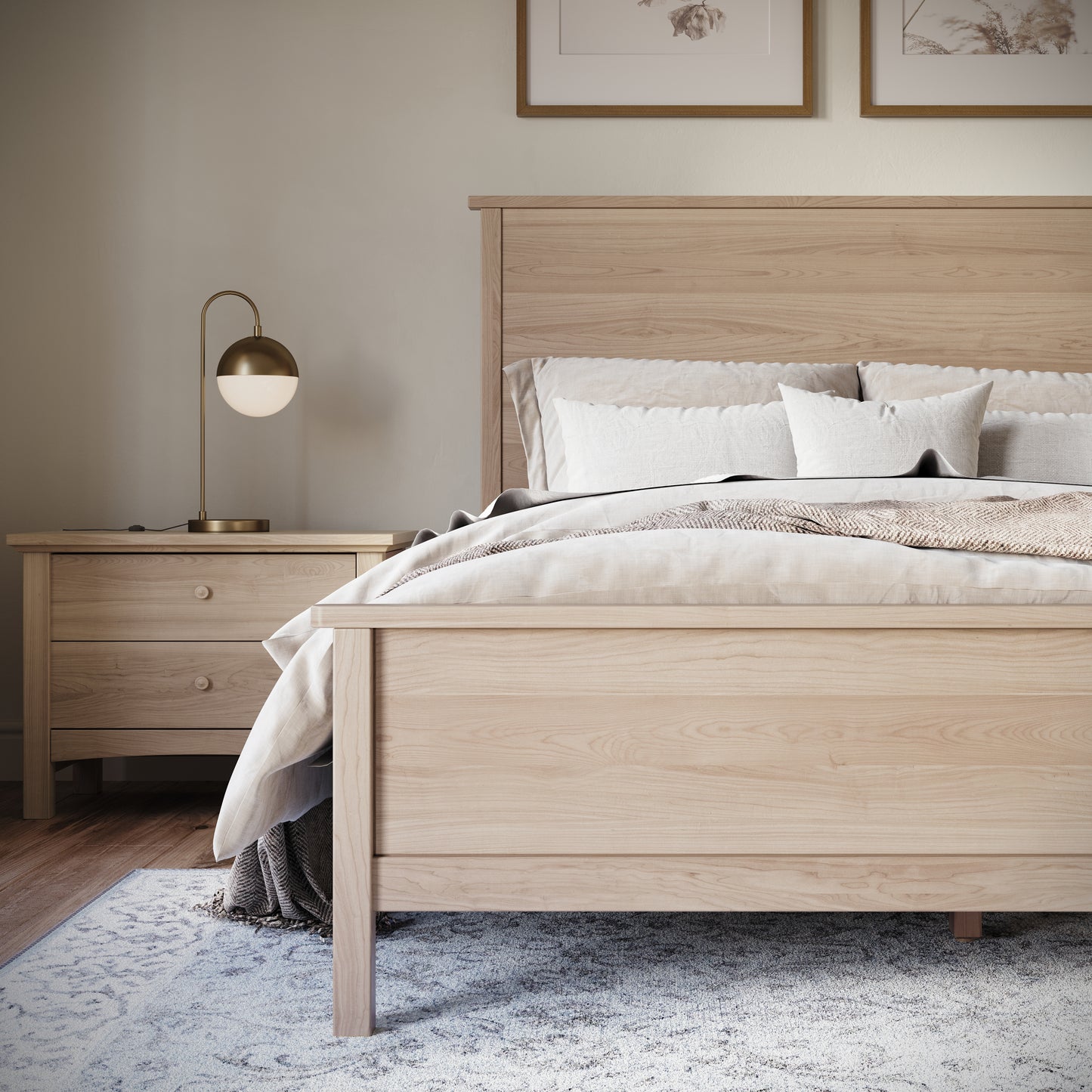 Maple bedframe in an upscale, well lit bedroom