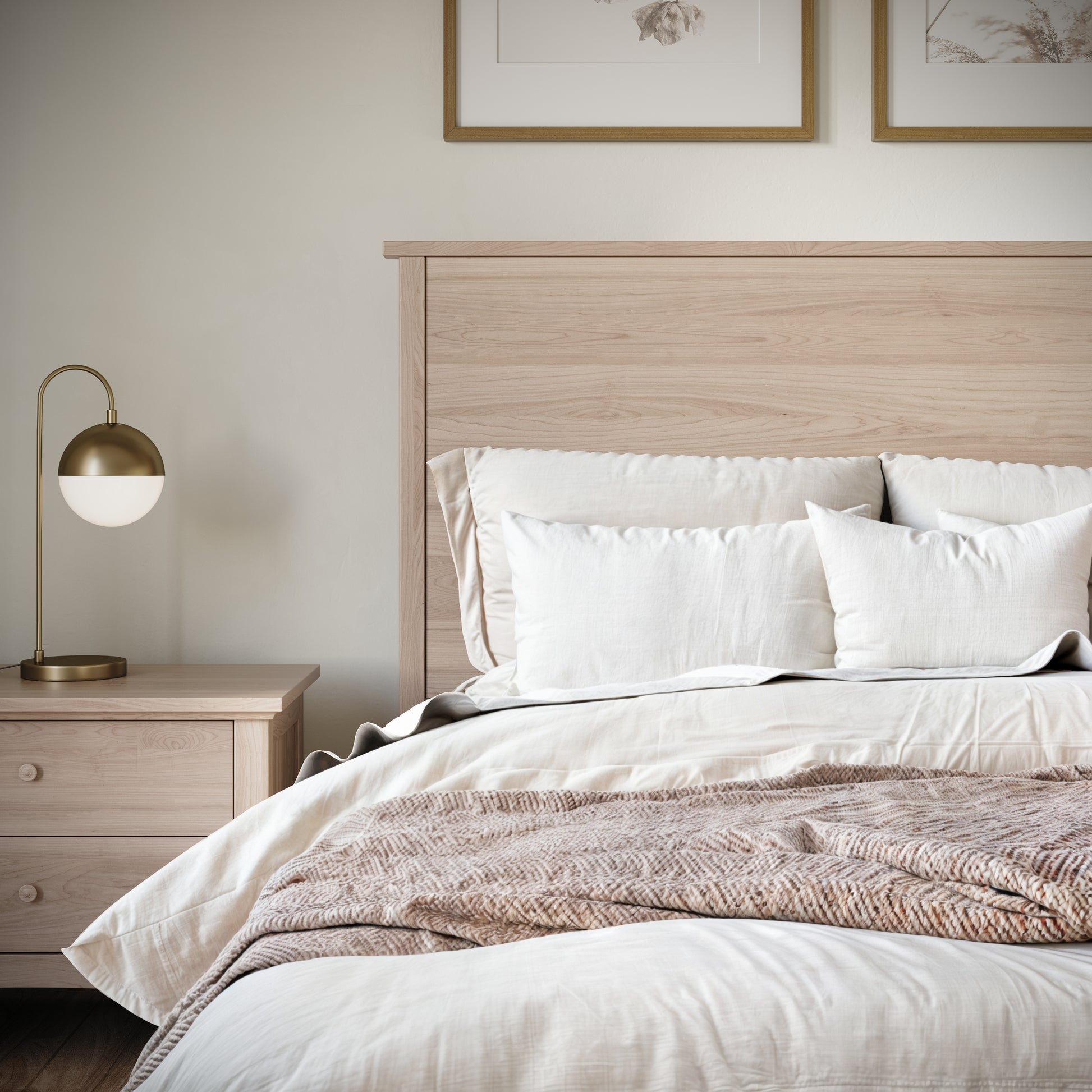 Headboard of a maple bedframe in an upscale, well lit bedroom