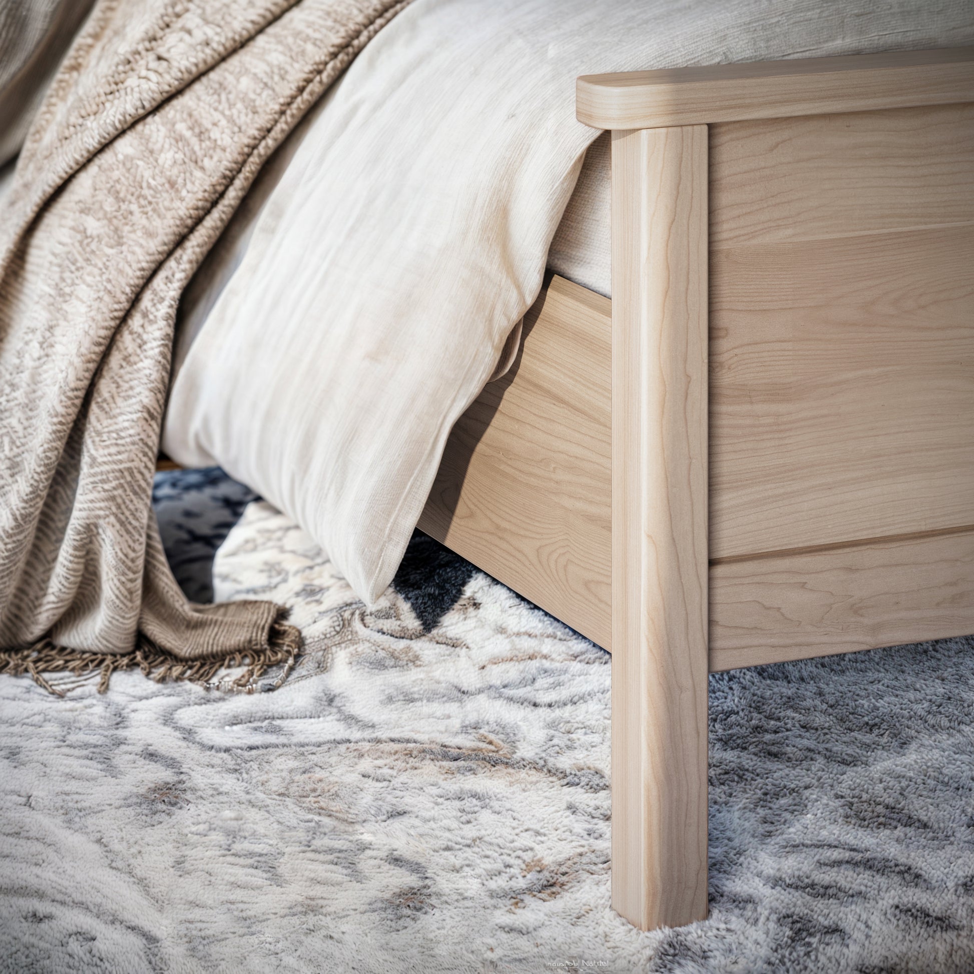 Close up of a maple bedframe leg in an upscale, well lit bedroom