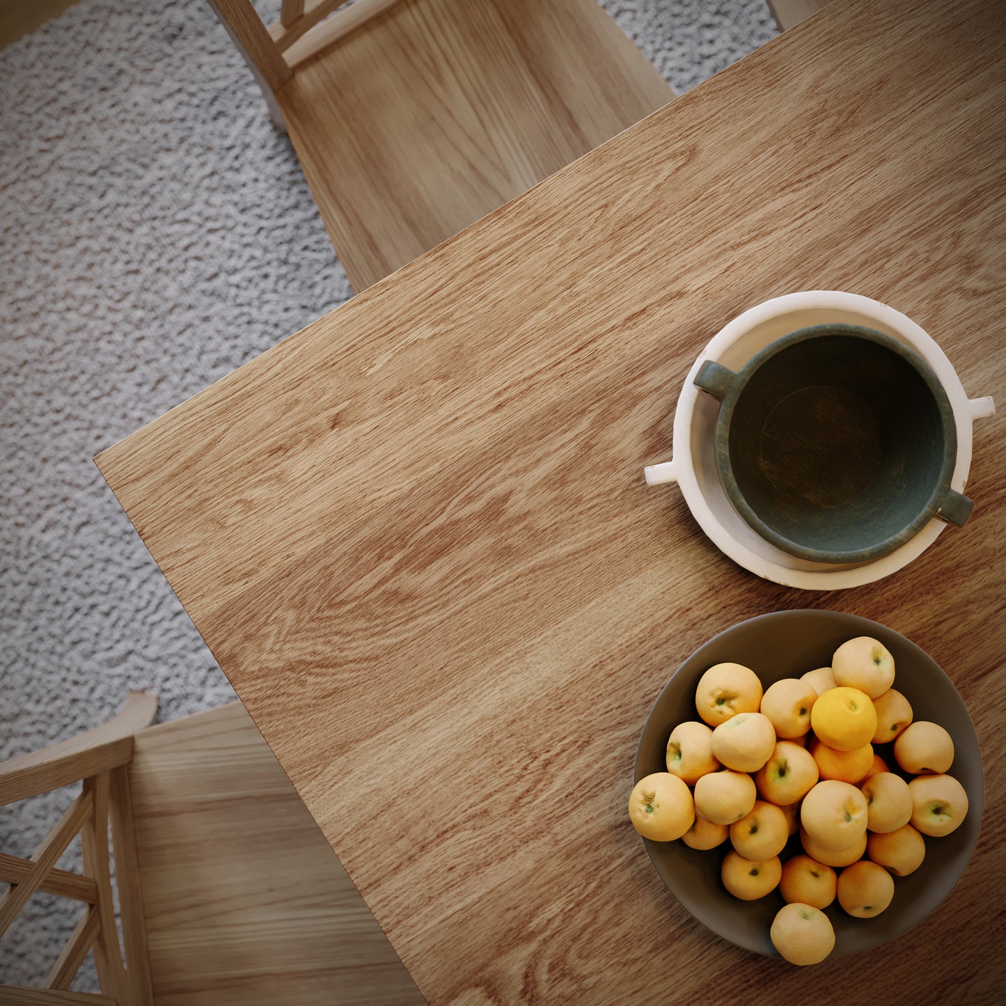 top down view of an oak dining table