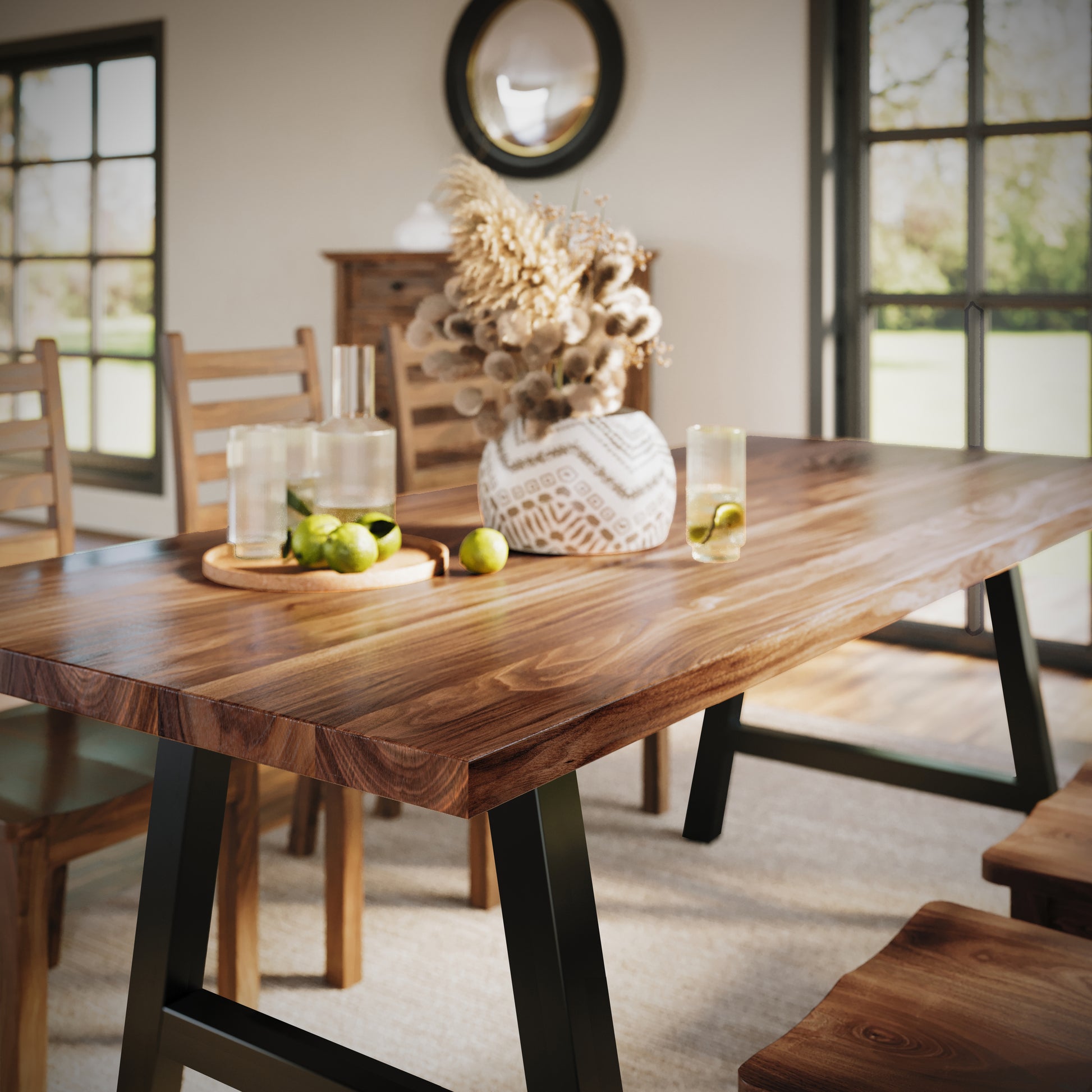 close up image of a walnut dining table with black metal legs