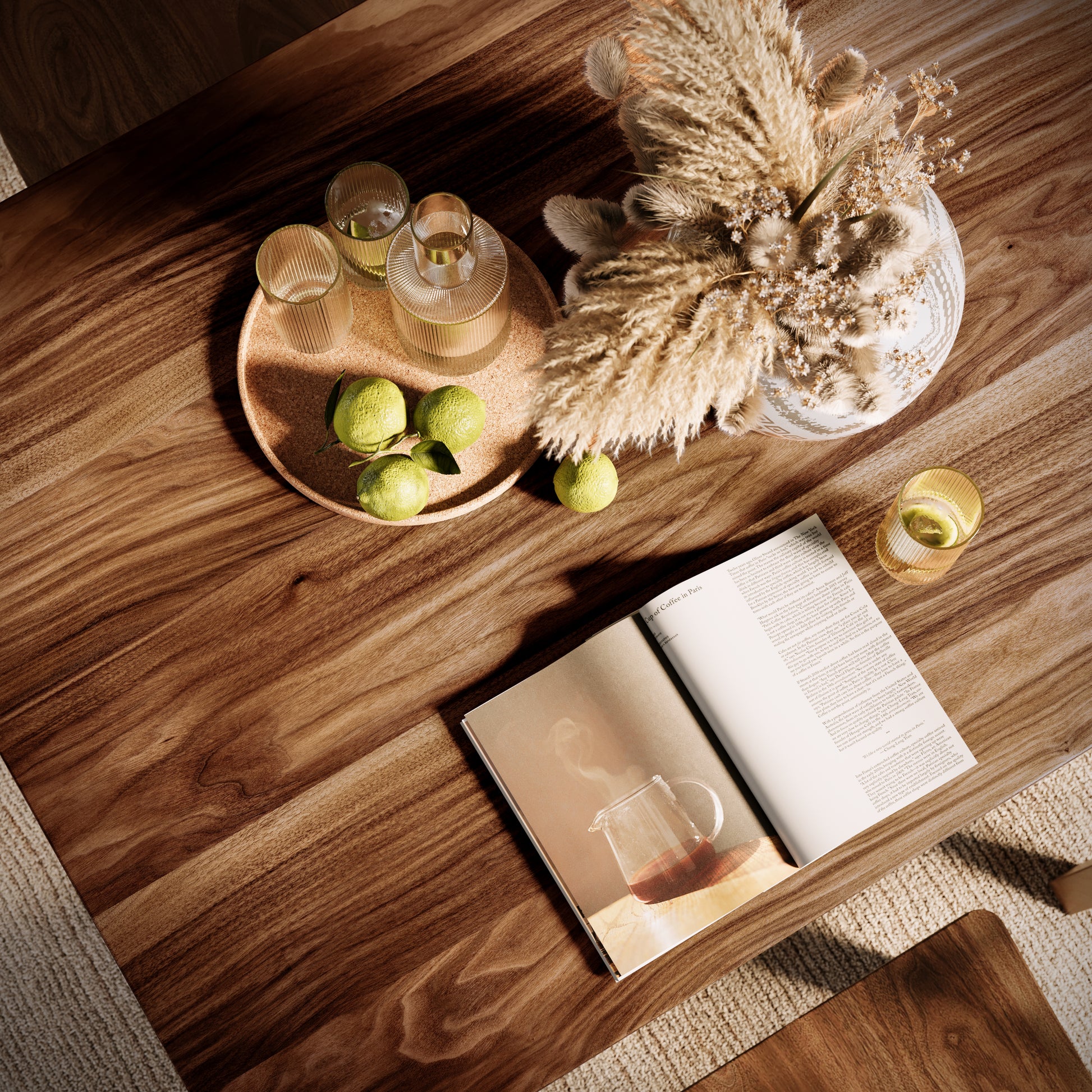 top down view of a walnut dining table