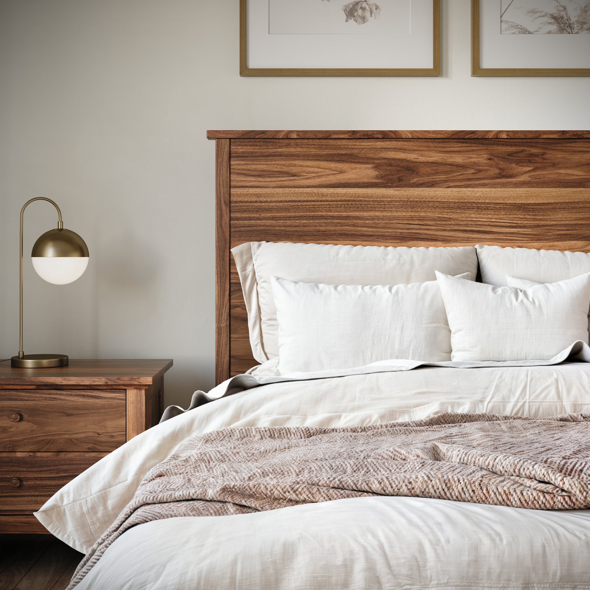 Close up of a walnut bedframe headboard in an upscale, well lit bedroom
