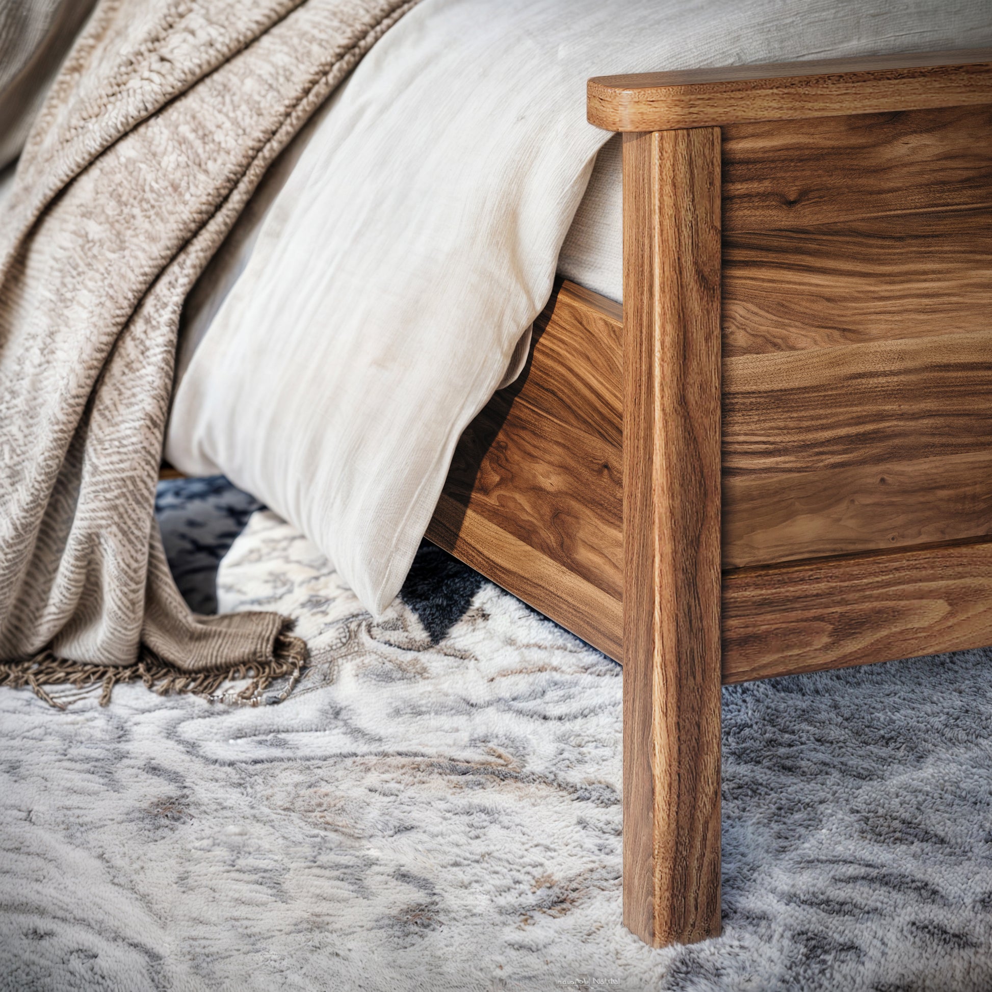 Close up of a walnut bedframe leg in an upscale, well lit bedroom