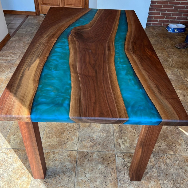 Modern Style Epoxy River Table Featuring Cherry Wood and Live Edge Slab  Table Legs