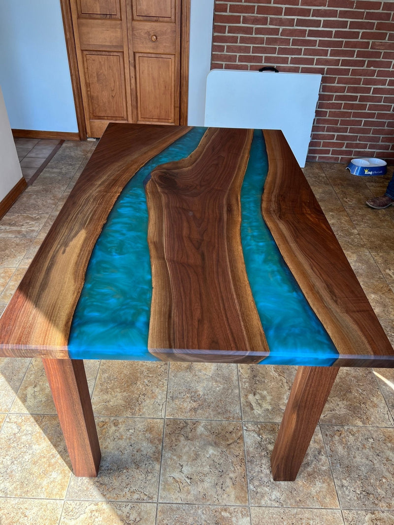 Live Edge Double River Epoxy Table With Wooden Legs – Brick Mill Furniture