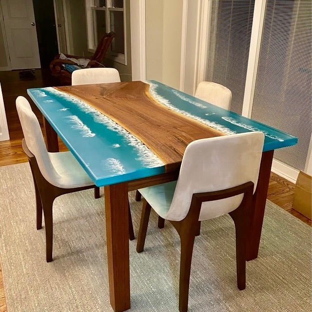 Walnut epoxy resin Dining Table with transparent resin river, made to order