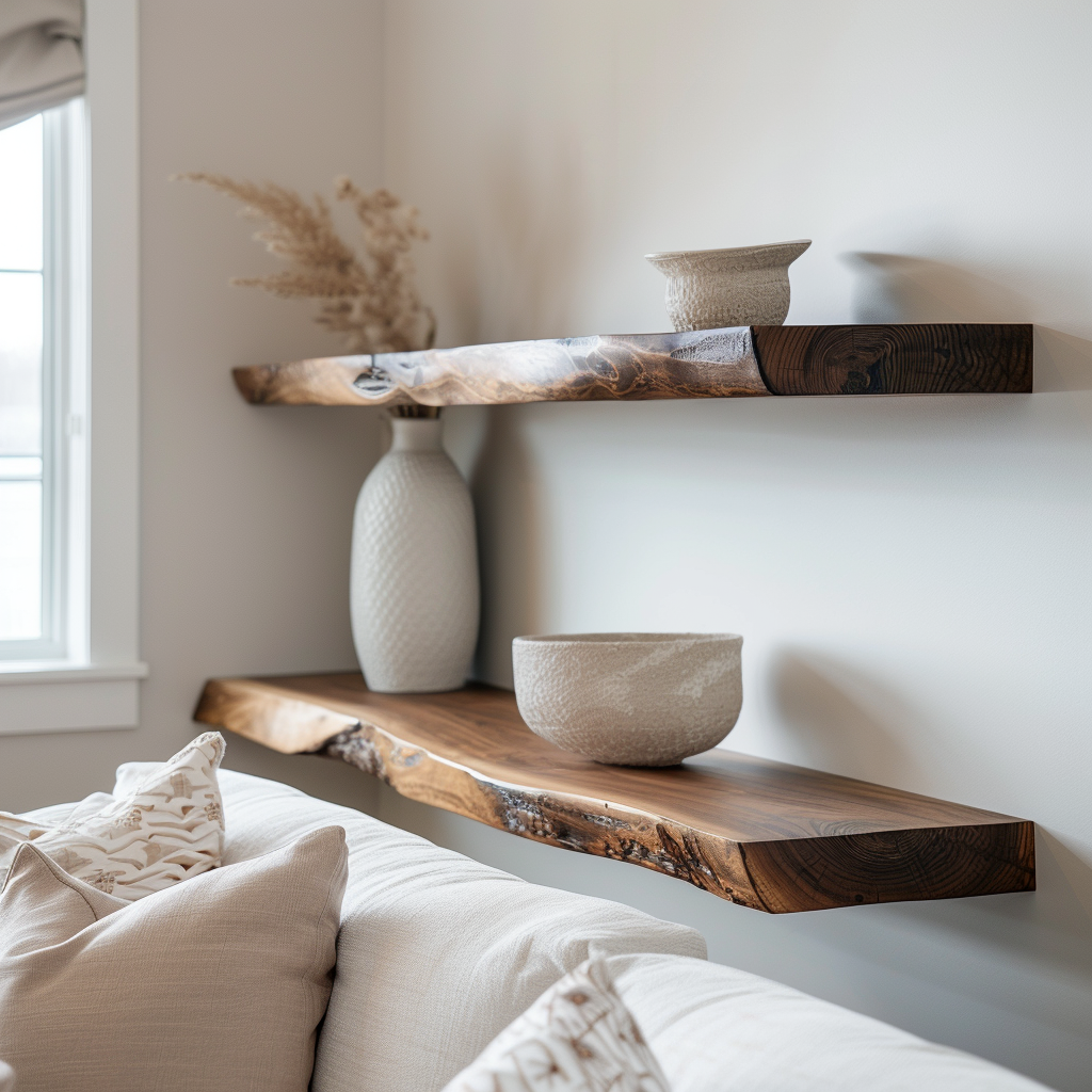 Two live edge walnut floating shelves on a white wall in a white-themed living room