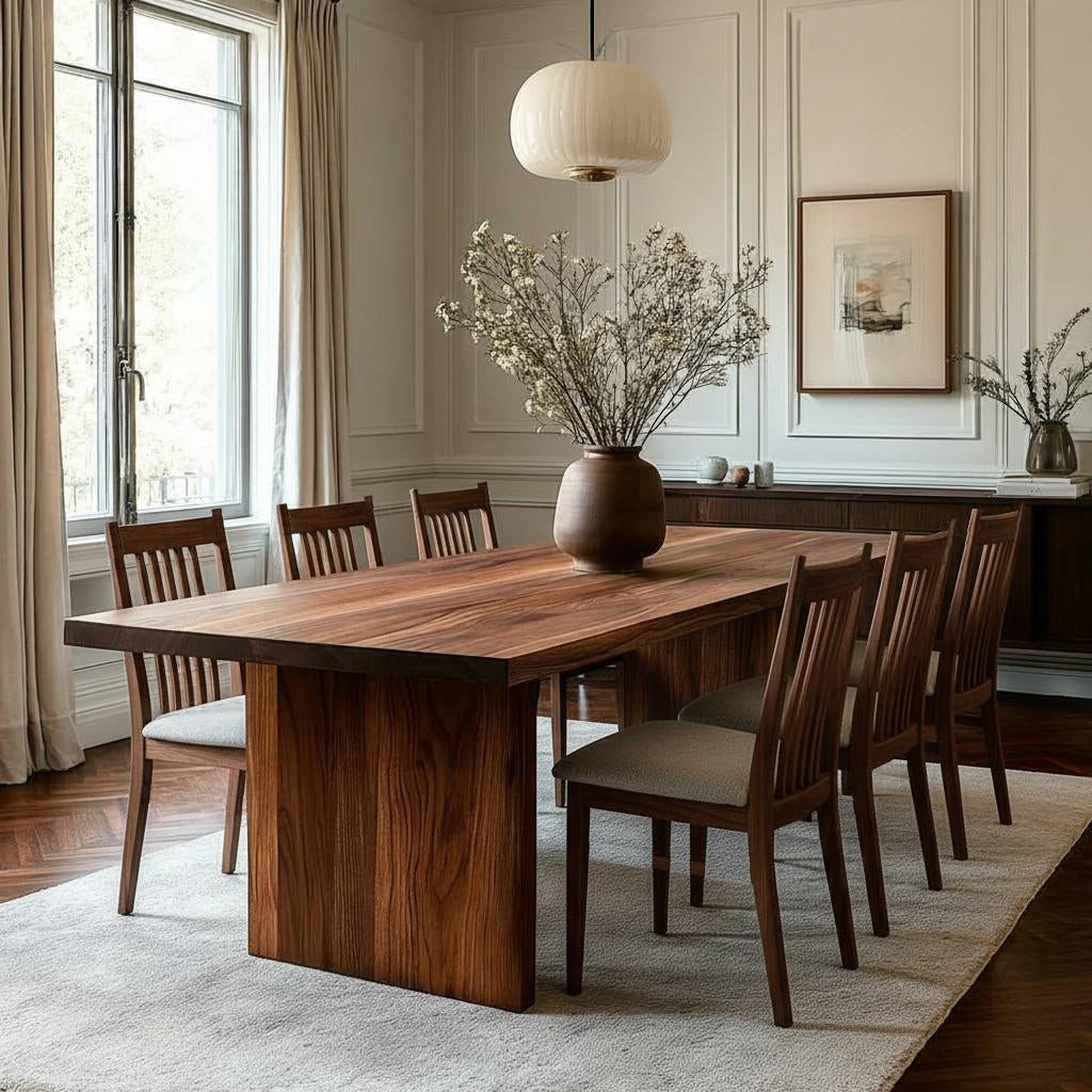 Dining Table in well lit room with matching chairs and plants