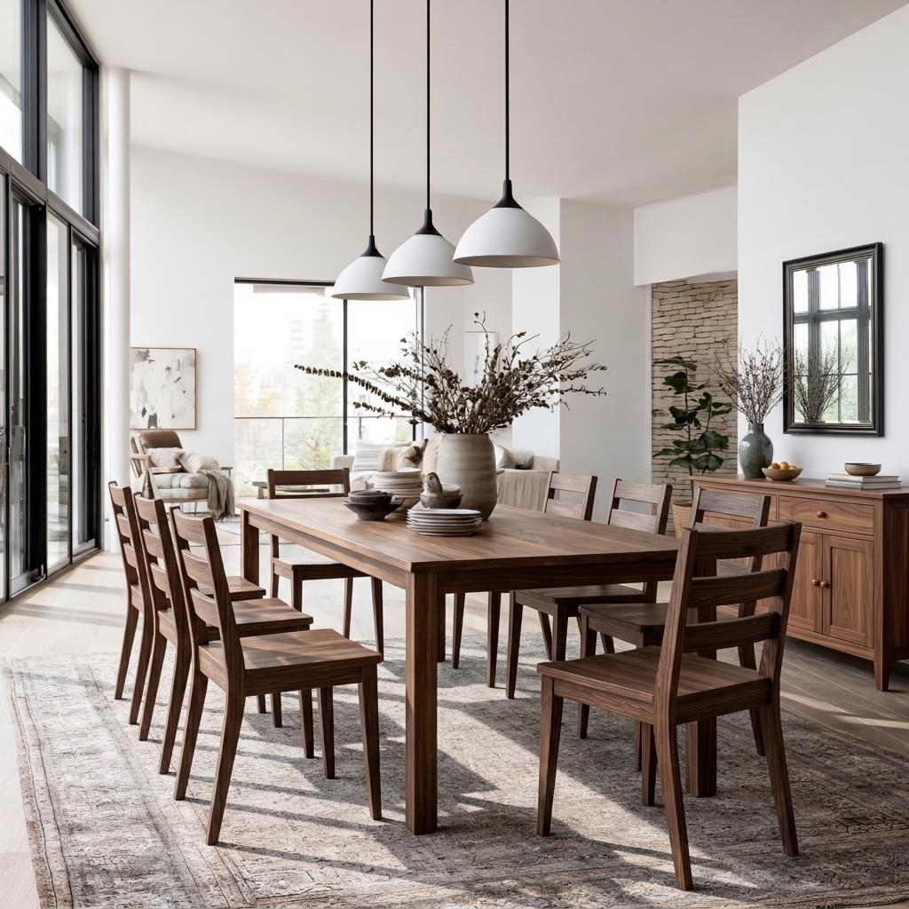A modern dining room featuring a rectangular dark wood dining table surrounded by matching wooden chairs, set on a patterned area rug under three white pendant lights.