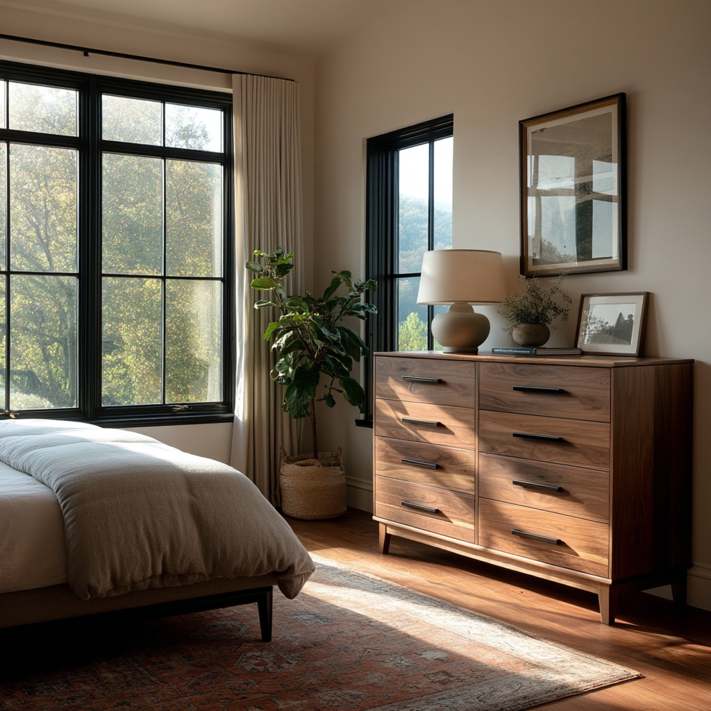 Modern bedroom with wooden dresser, bed, and large windows.