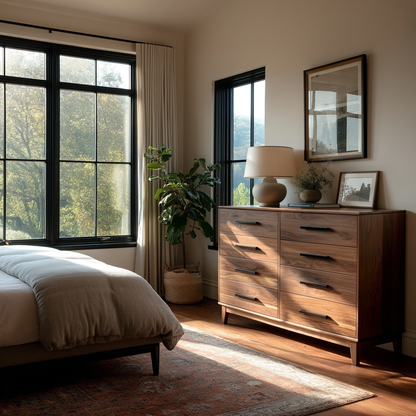 Modern bedroom with wooden dresser, bed, and large windows.