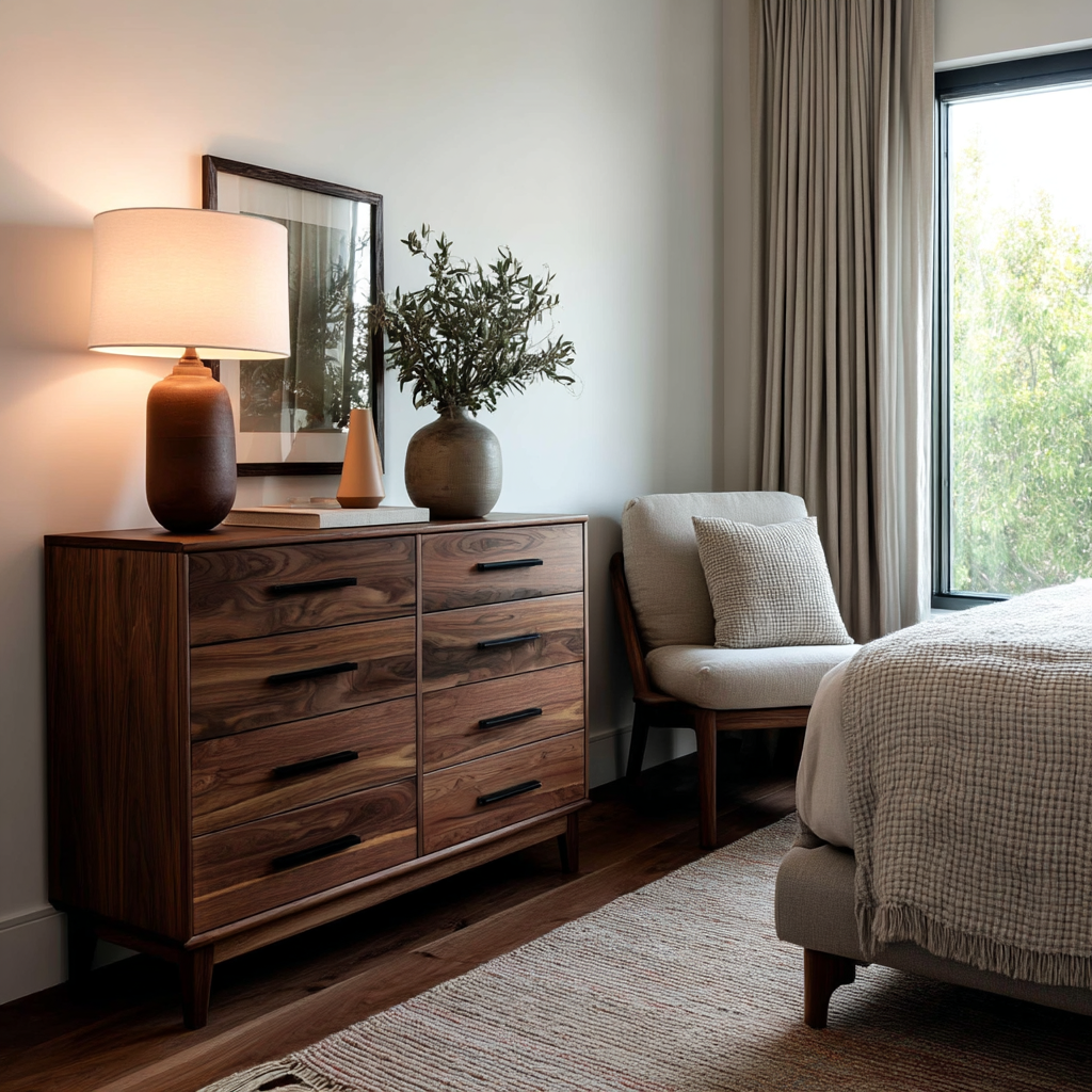 Nursery room with wooden dresser, lamp, and decorative items.