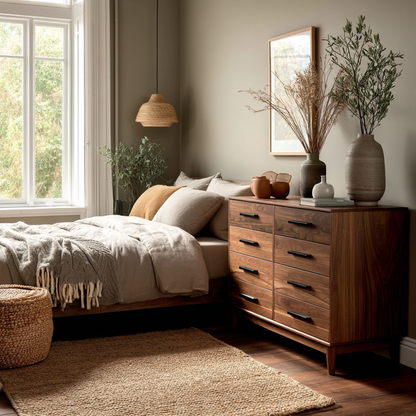 Nestled bedroom with wooden dresser, bed, and decorative elements.