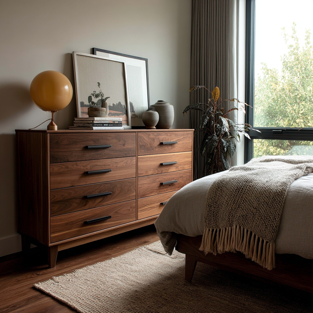 Wooden dresser in a bedroom with a bed and decor items.