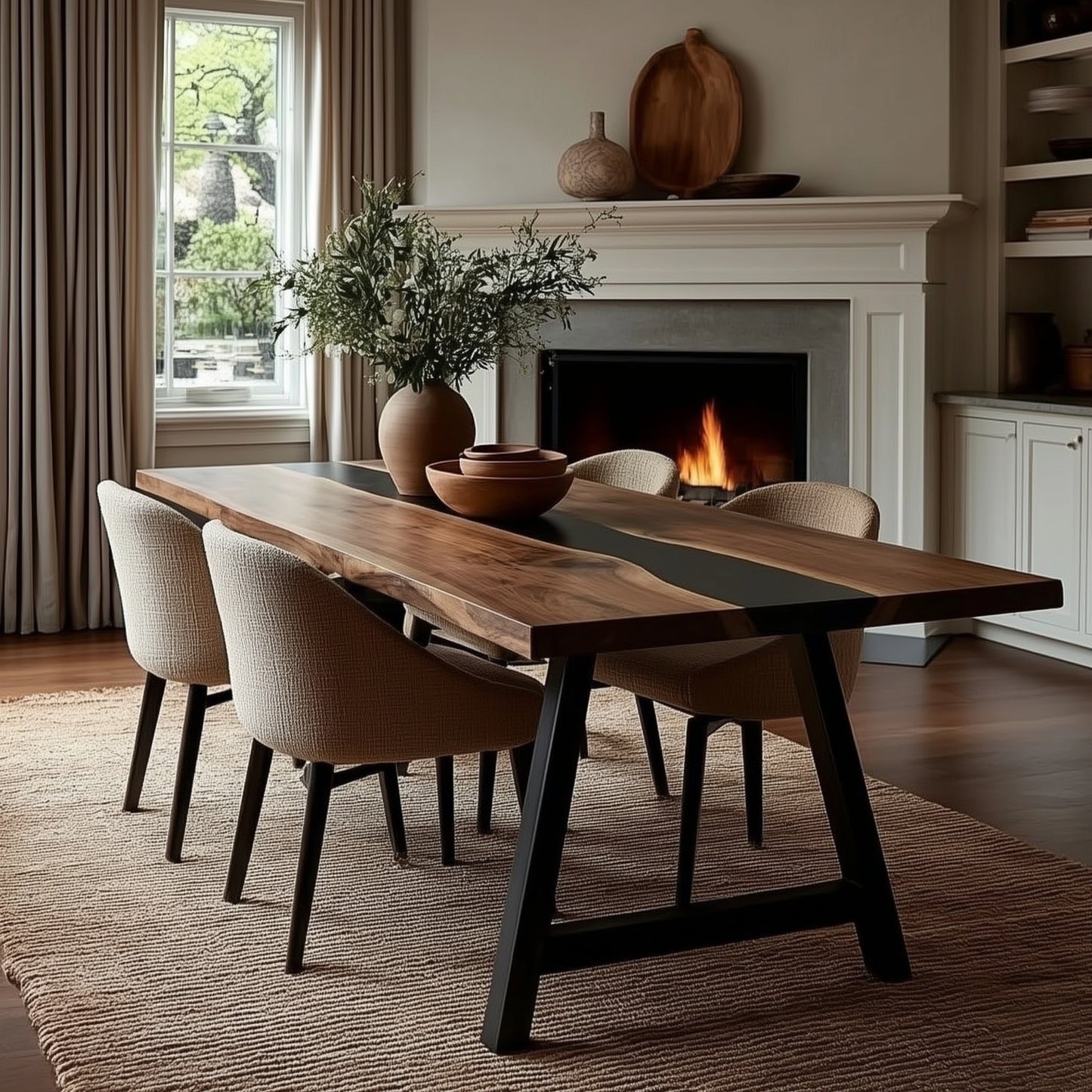 Dining room with a wooden table and chairs in front of a fireplace.