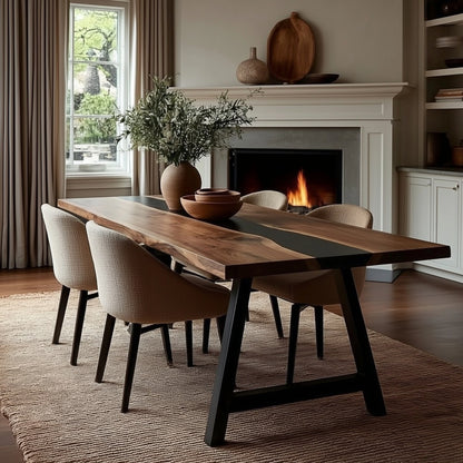 Dining room with a wooden table and chairs in front of a fireplace.
