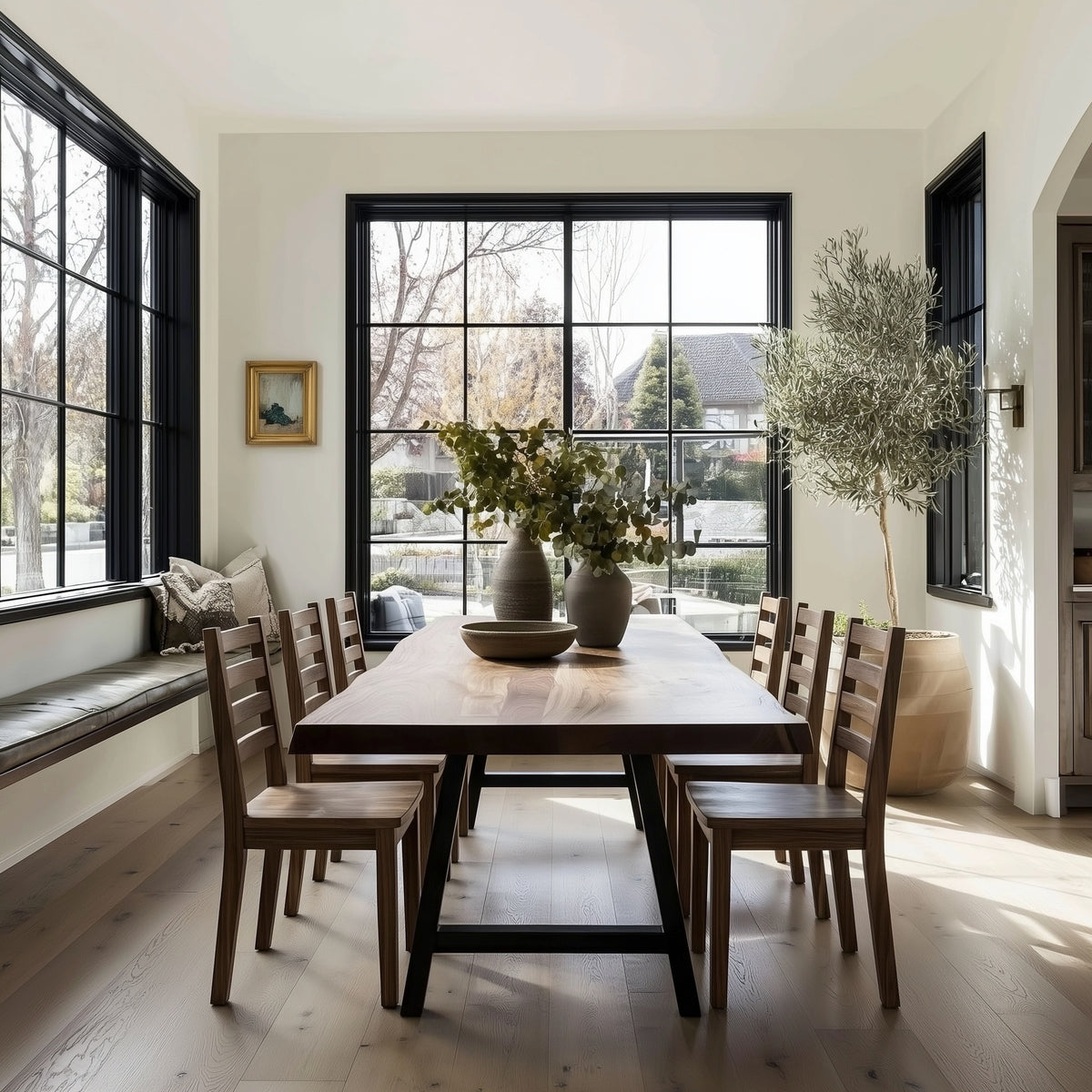 Dining room with wooden table and chairs, large windows, and decorative elements.