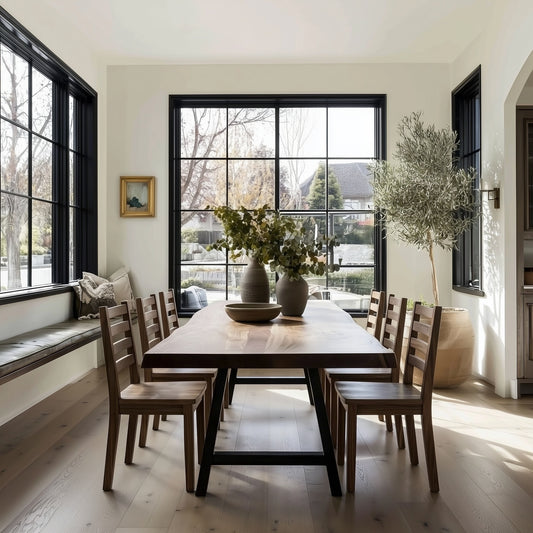 Dining room with wooden table and chairs, large windows, and decorative elements.
