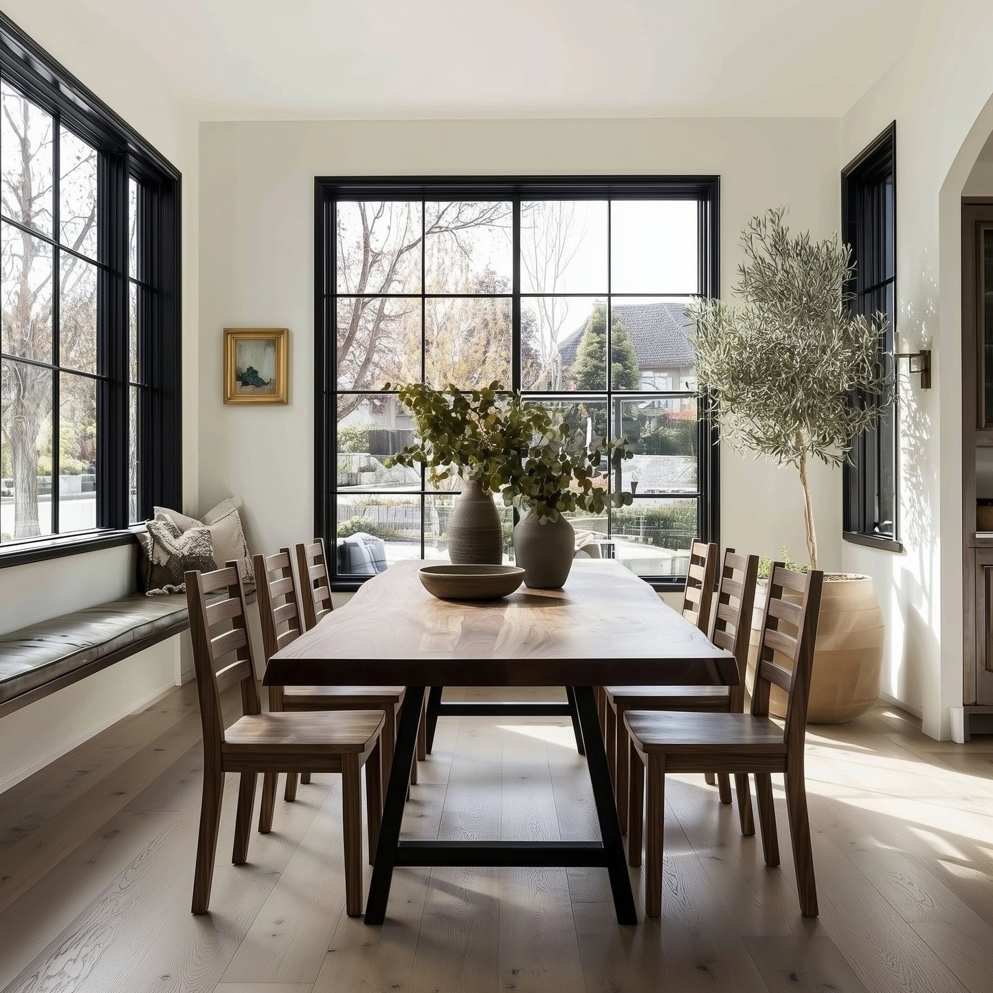 Dining room with wooden table and chairs, large windows, and decorative elements.