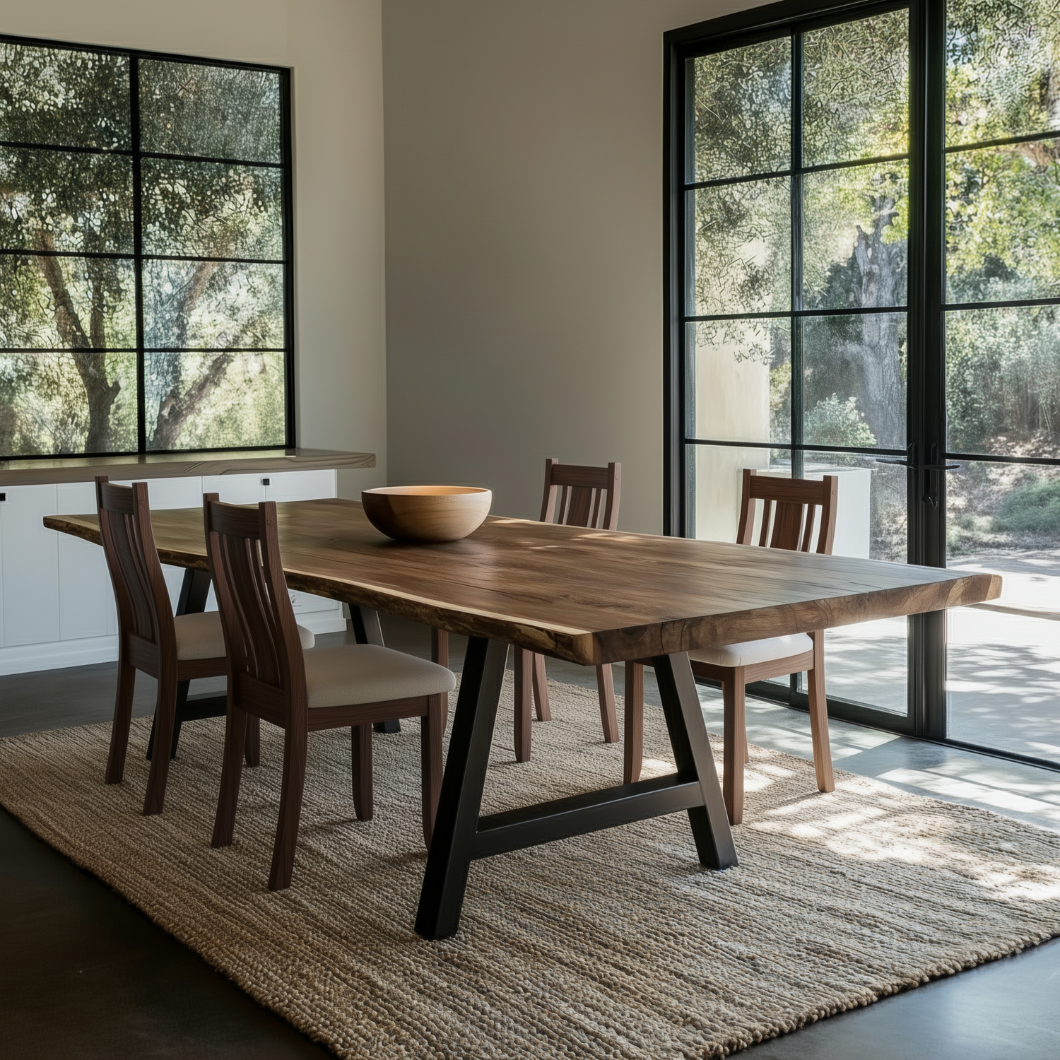 Wooden dining table with chairs in a modern room with large windows.