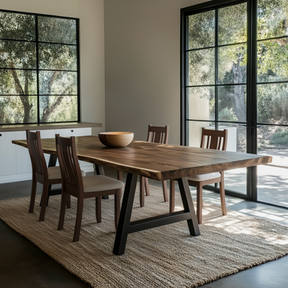 Wooden dining table with chairs in a modern room with large windows.