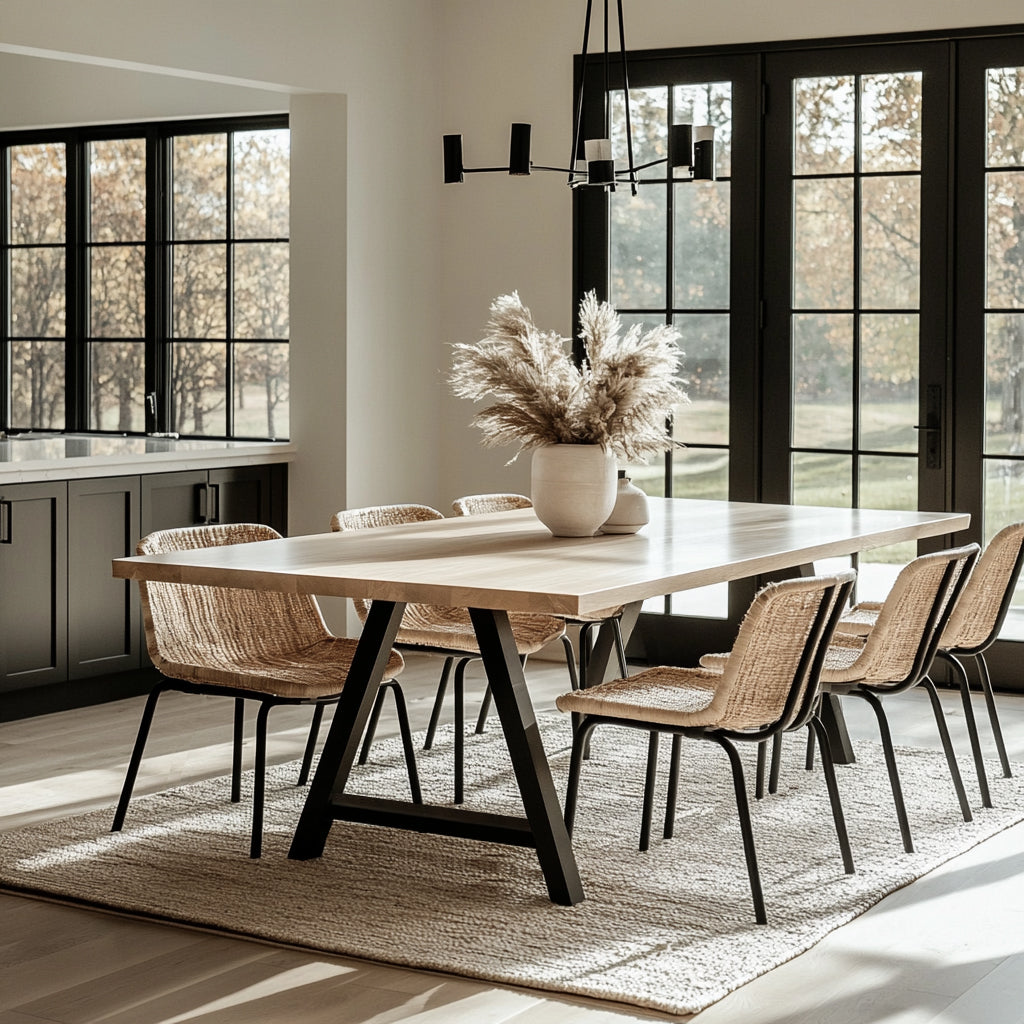 A maple dining table with A shaped legs in a well lit dining room with large windows and matching chairs