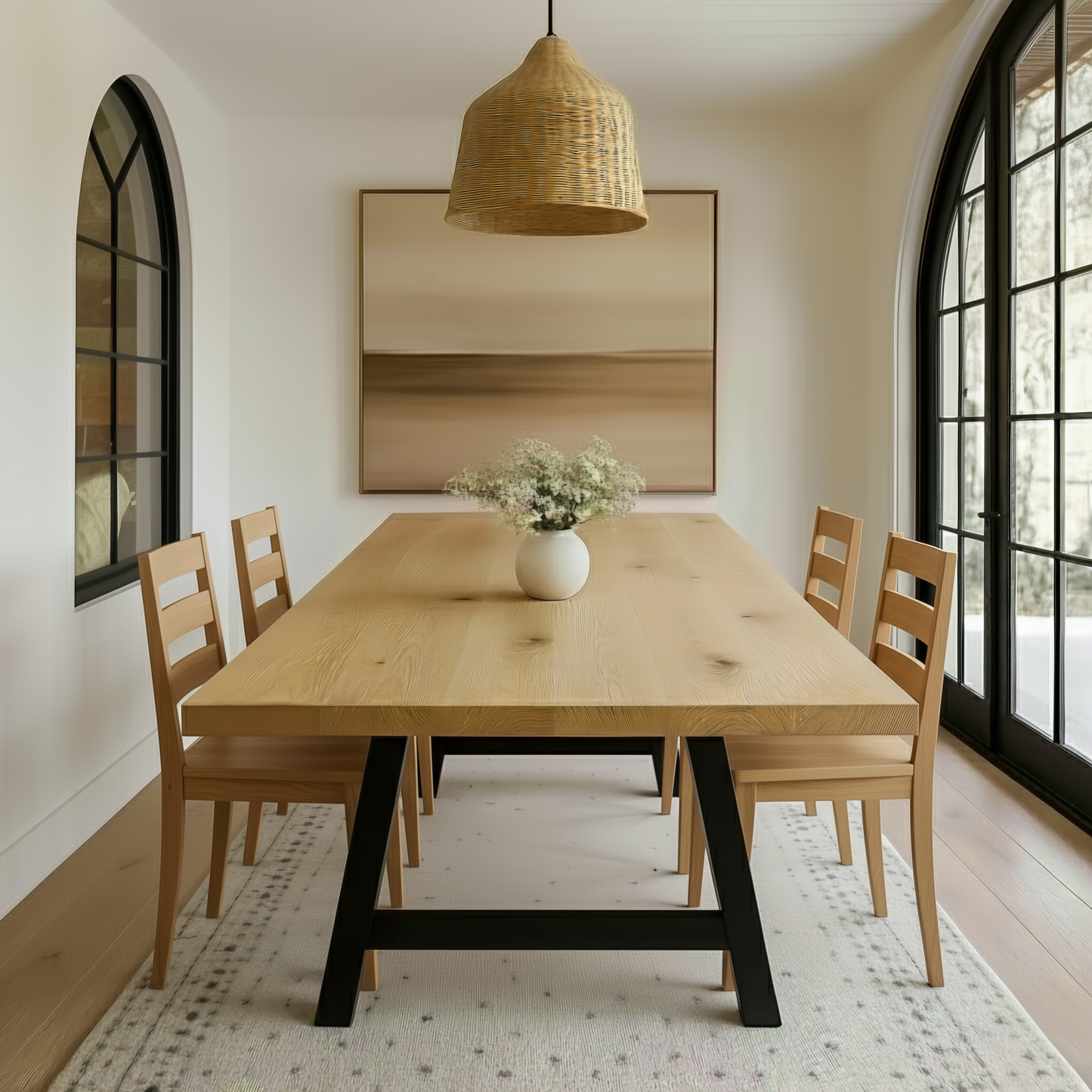 Dining room with wooden table and chairs, wicker pendant light, and large windows.