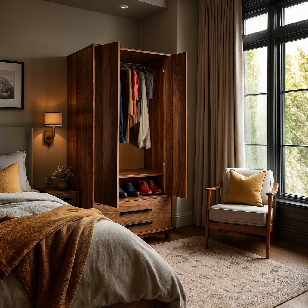 Bedroom with wooden wardrobe, chair, and large window