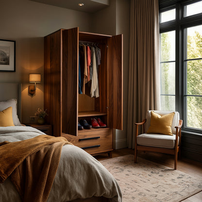 Bedroom with wooden wardrobe, chair, and large window
