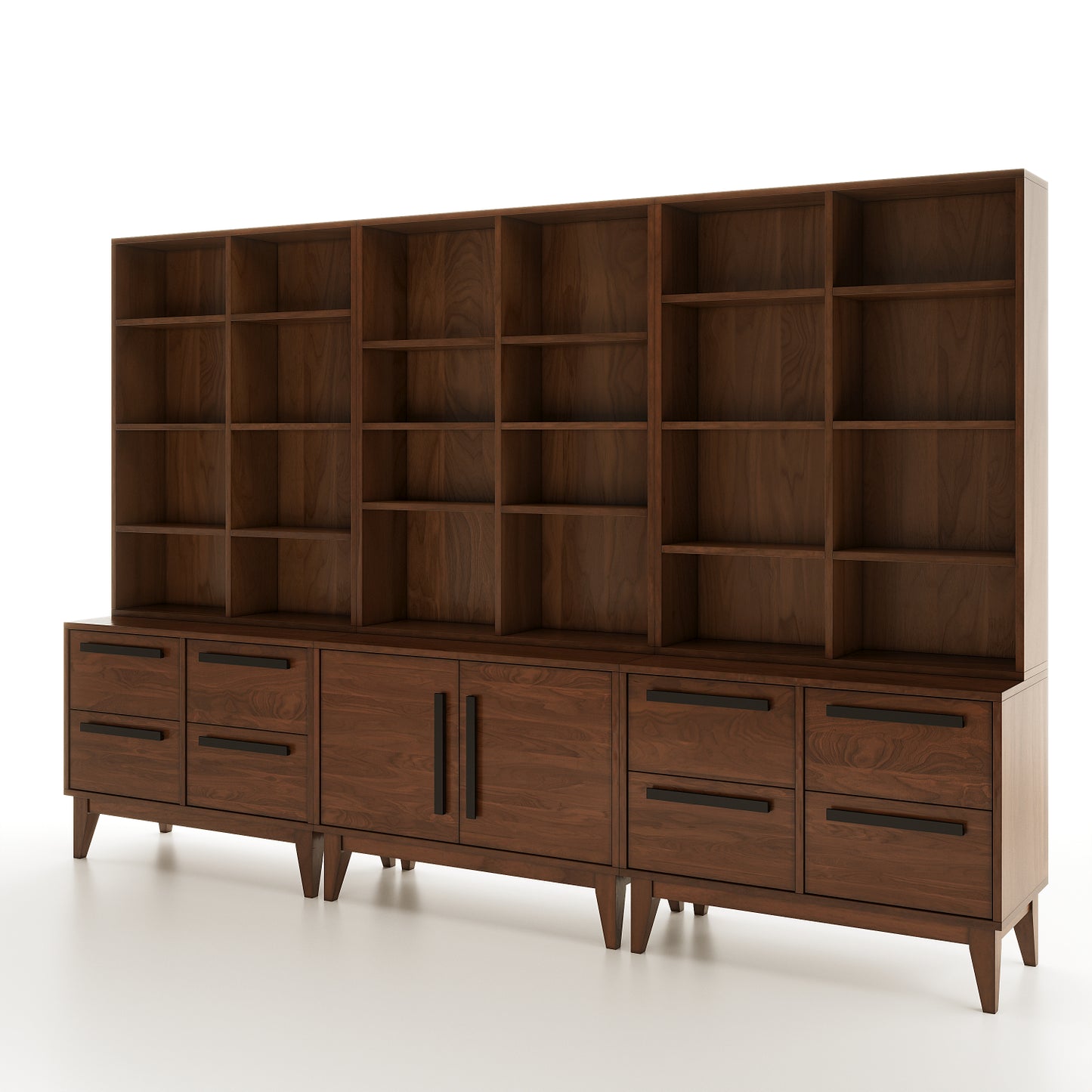 A walnut sectional bookcase at an angle on a plain white background