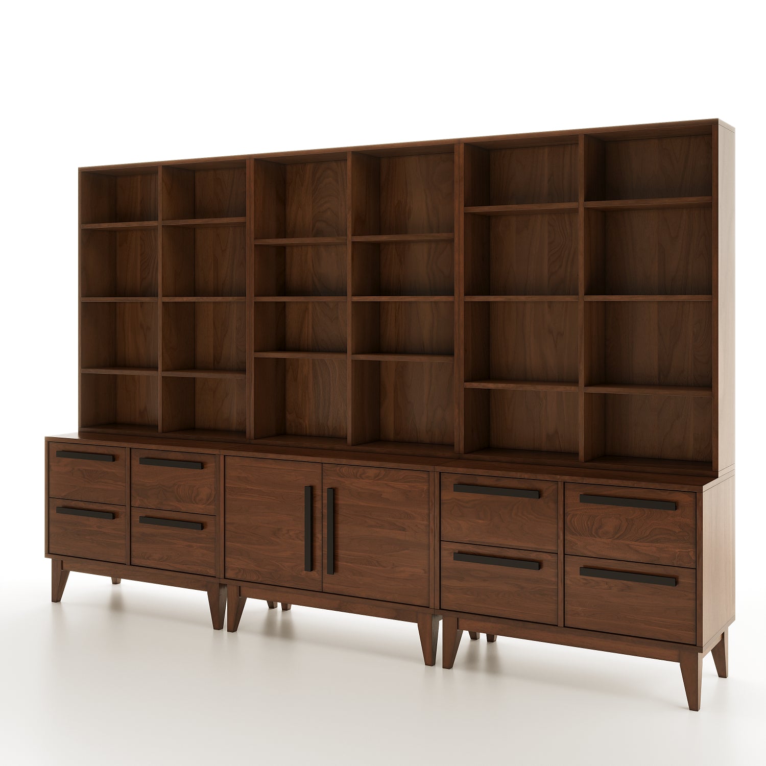 A walnut sectional bookcase at an angle on a plain white background