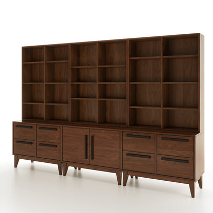 A walnut sectional bookcase at an angle on a plain white background