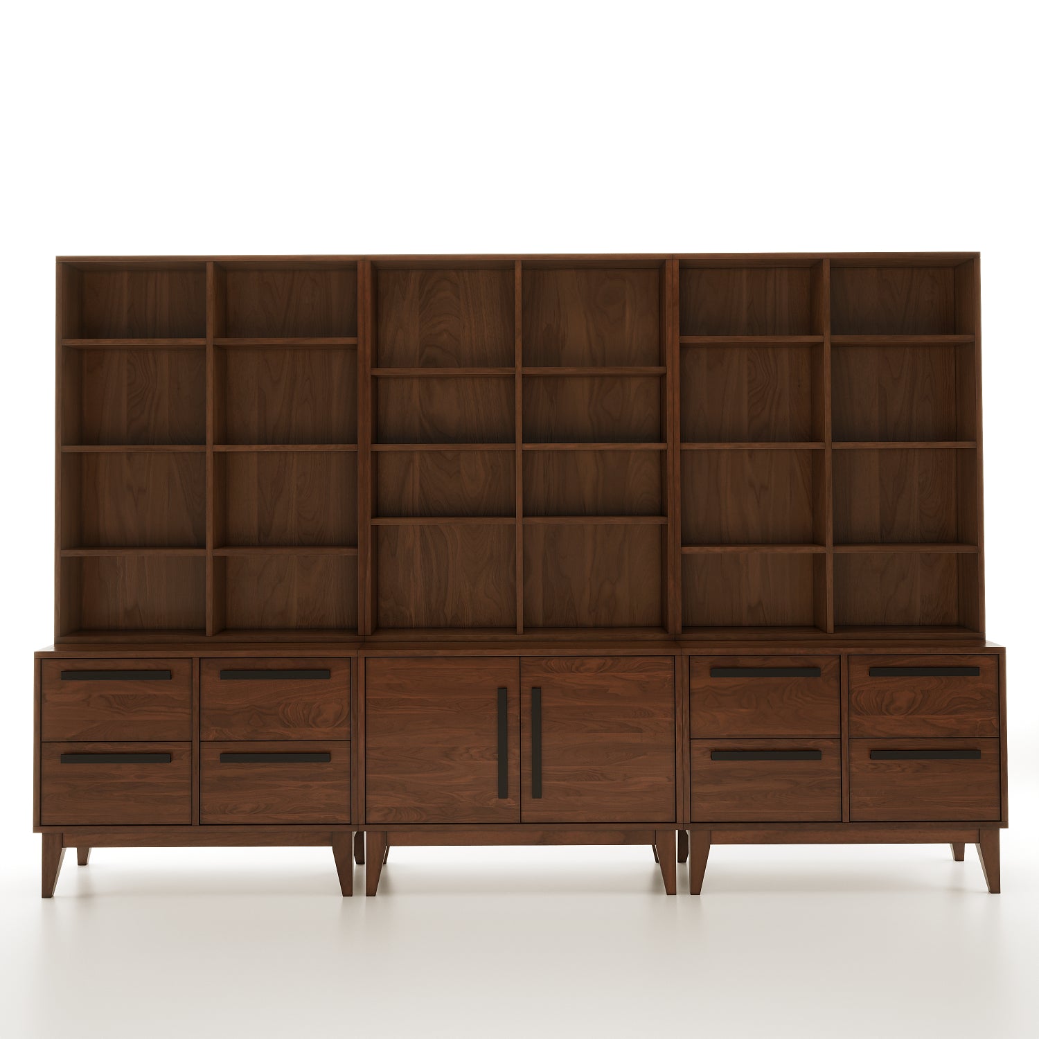 A walnut sectional bookcase facing the camera on a plain white background