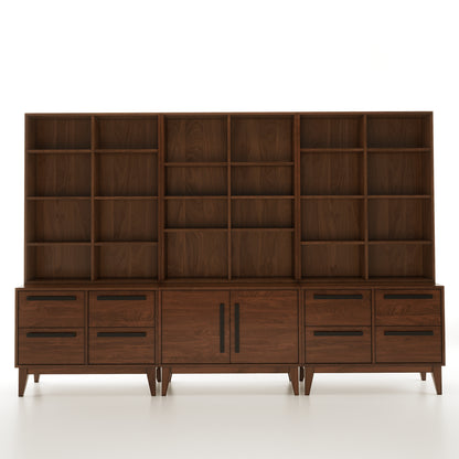 A walnut sectional bookcase facing the camera on a plain white background