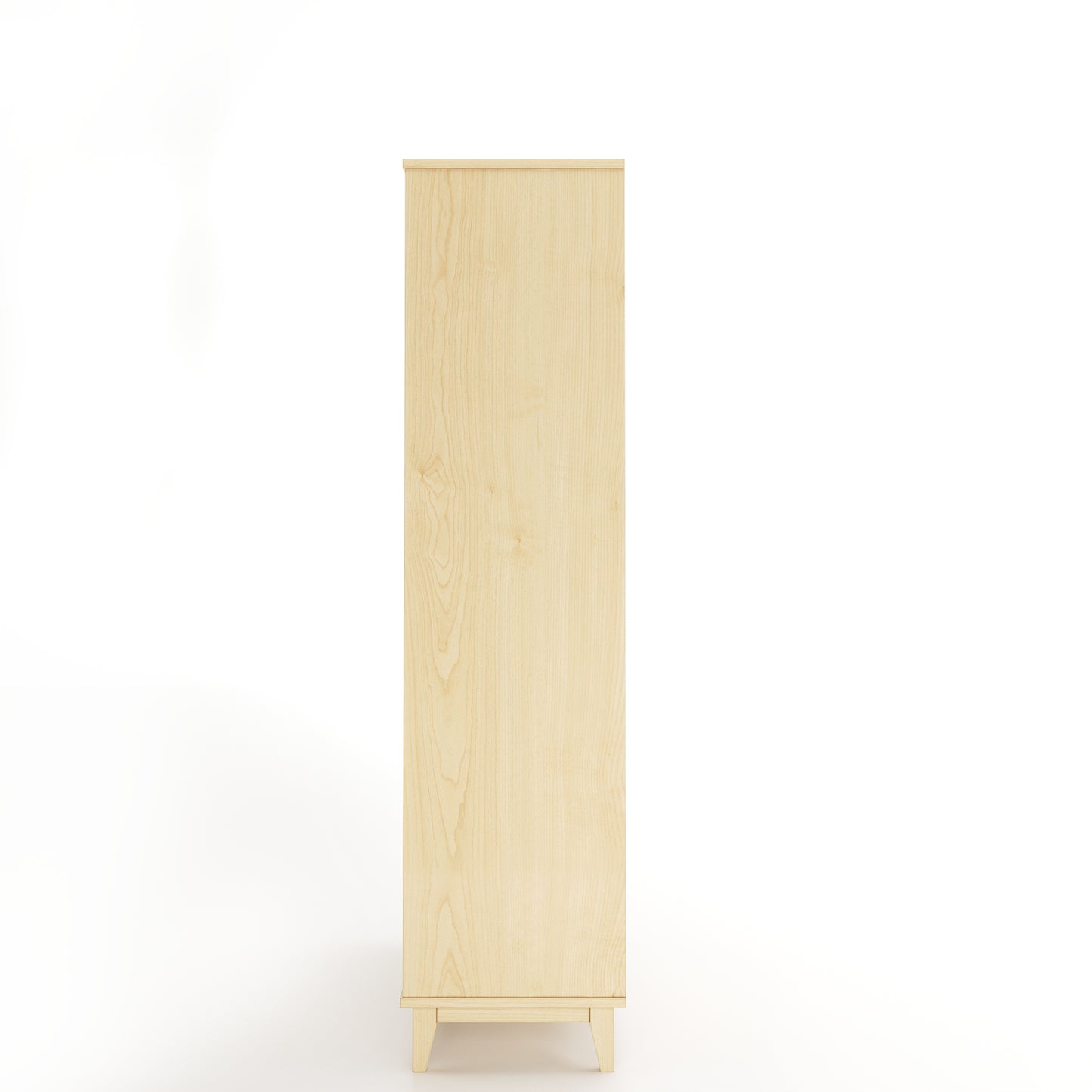 Side view of an oak armoire with two doors and two drawers on a white background