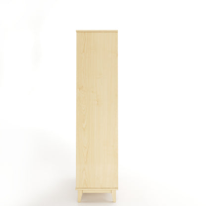 Side view of an oak armoire with two doors and two drawers on a white background