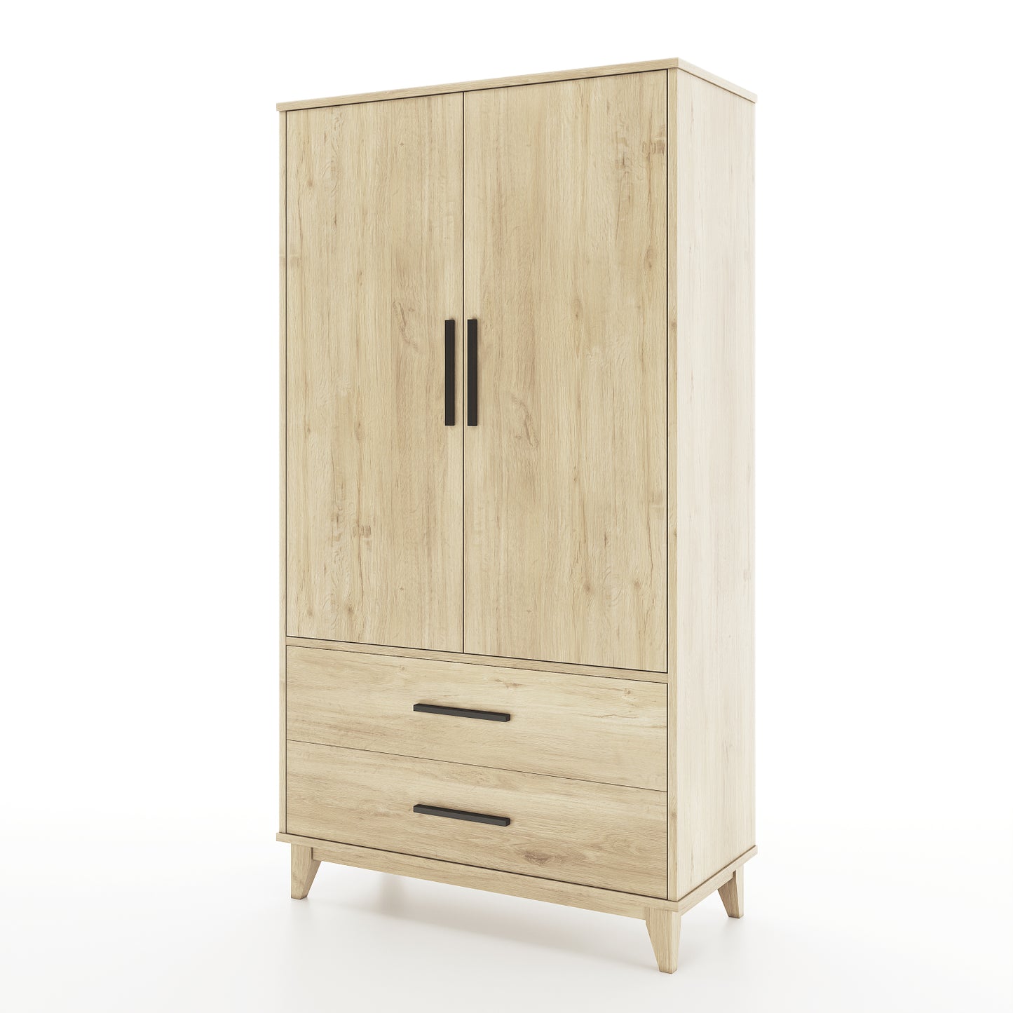 Angle view of an oak armoire with two doors and two drawers on a white background