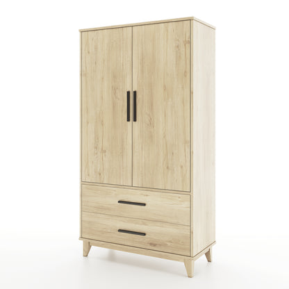 Angle view of an oak armoire with two doors and two drawers on a white background