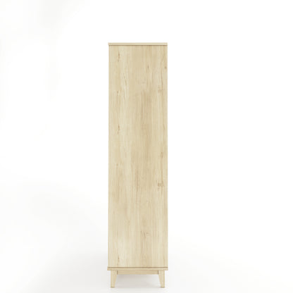 Side view of an oak armoire with two doors and two drawers on a white background