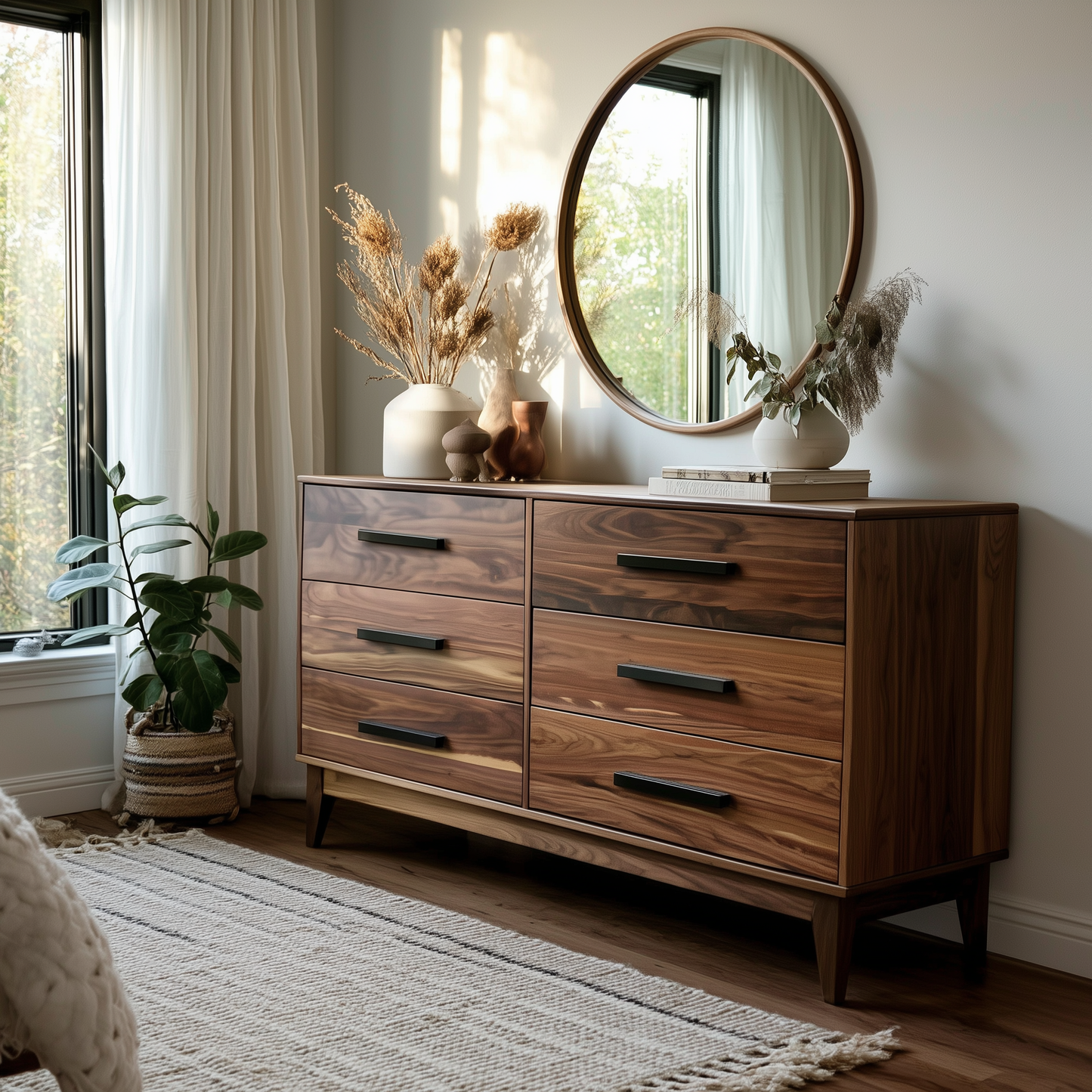 Wooden dresser with round mirror and decorative items in a room with natural light