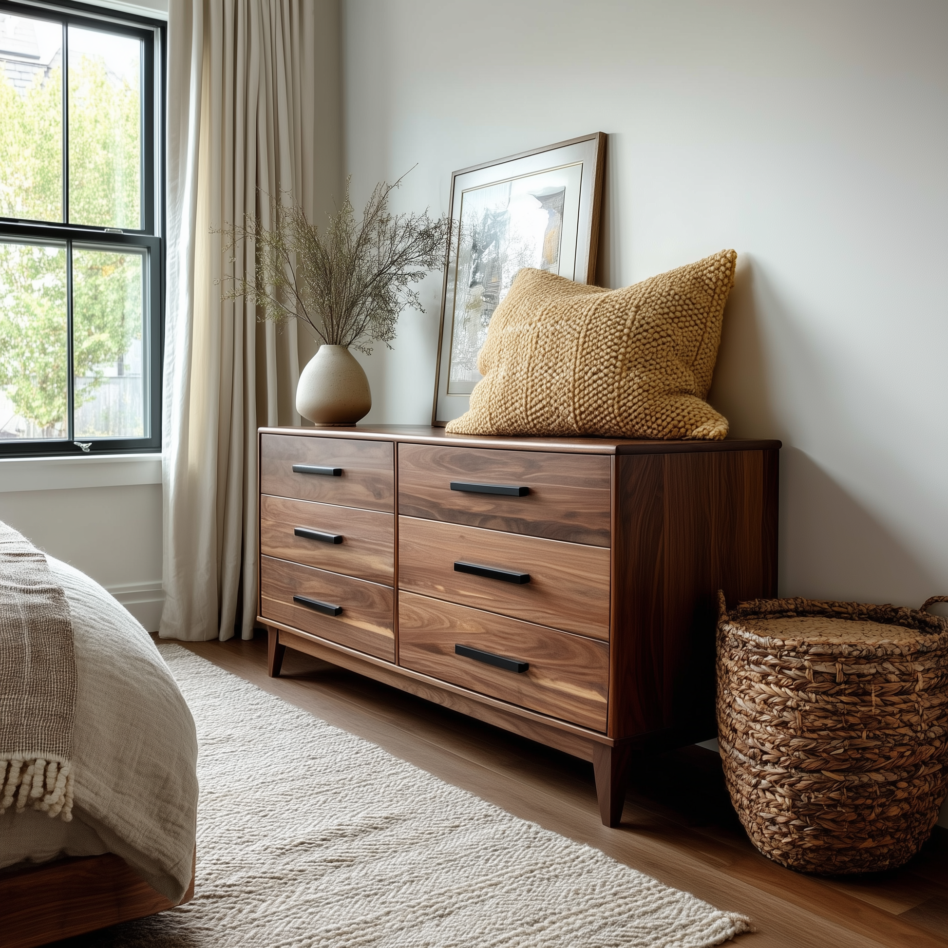 Wooden dresser in a bedroom with a window, plant, and decorative items.