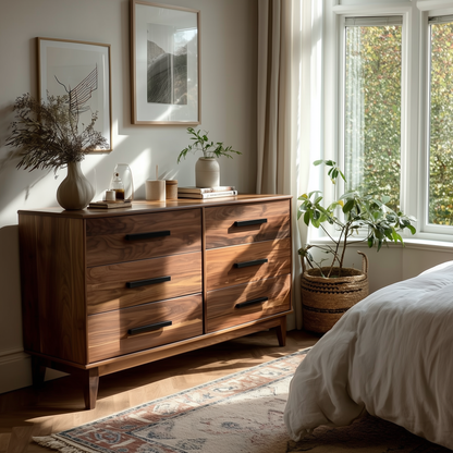 Wooden dresser in a bedroom with plants and decor
