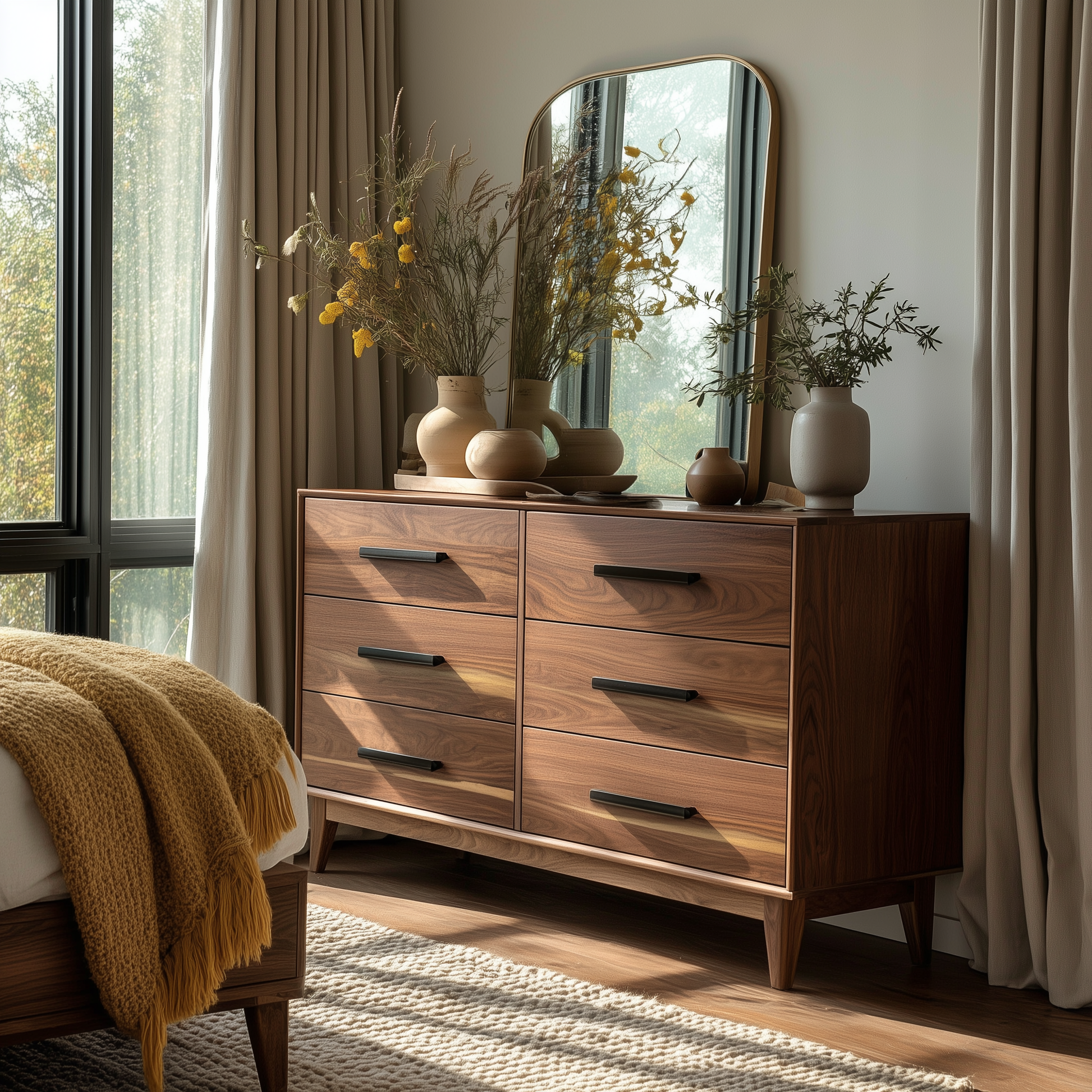 Wooden dresser with decorative items in a bedroom setting
