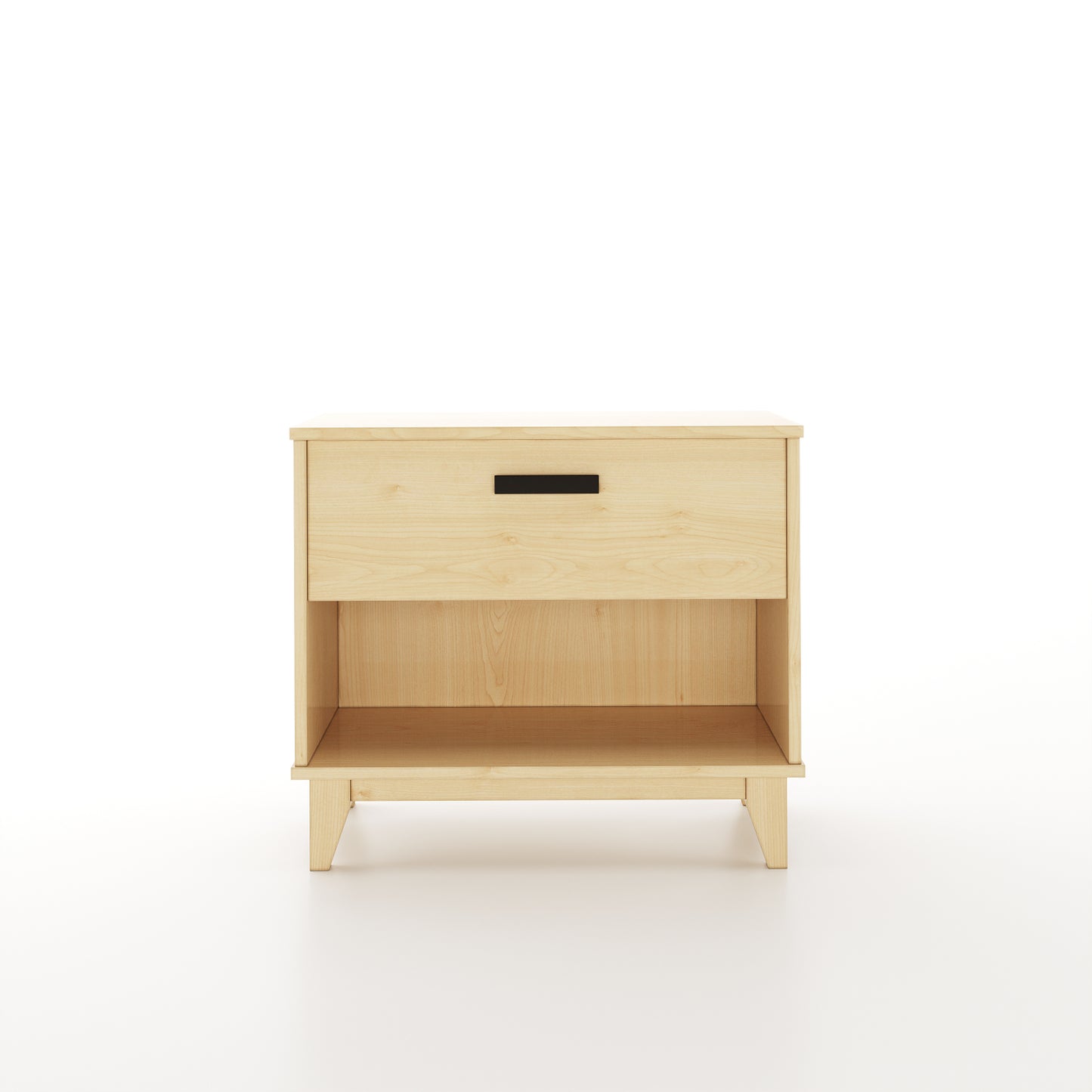 Face view of a maple nightstand with one drawer on a white background