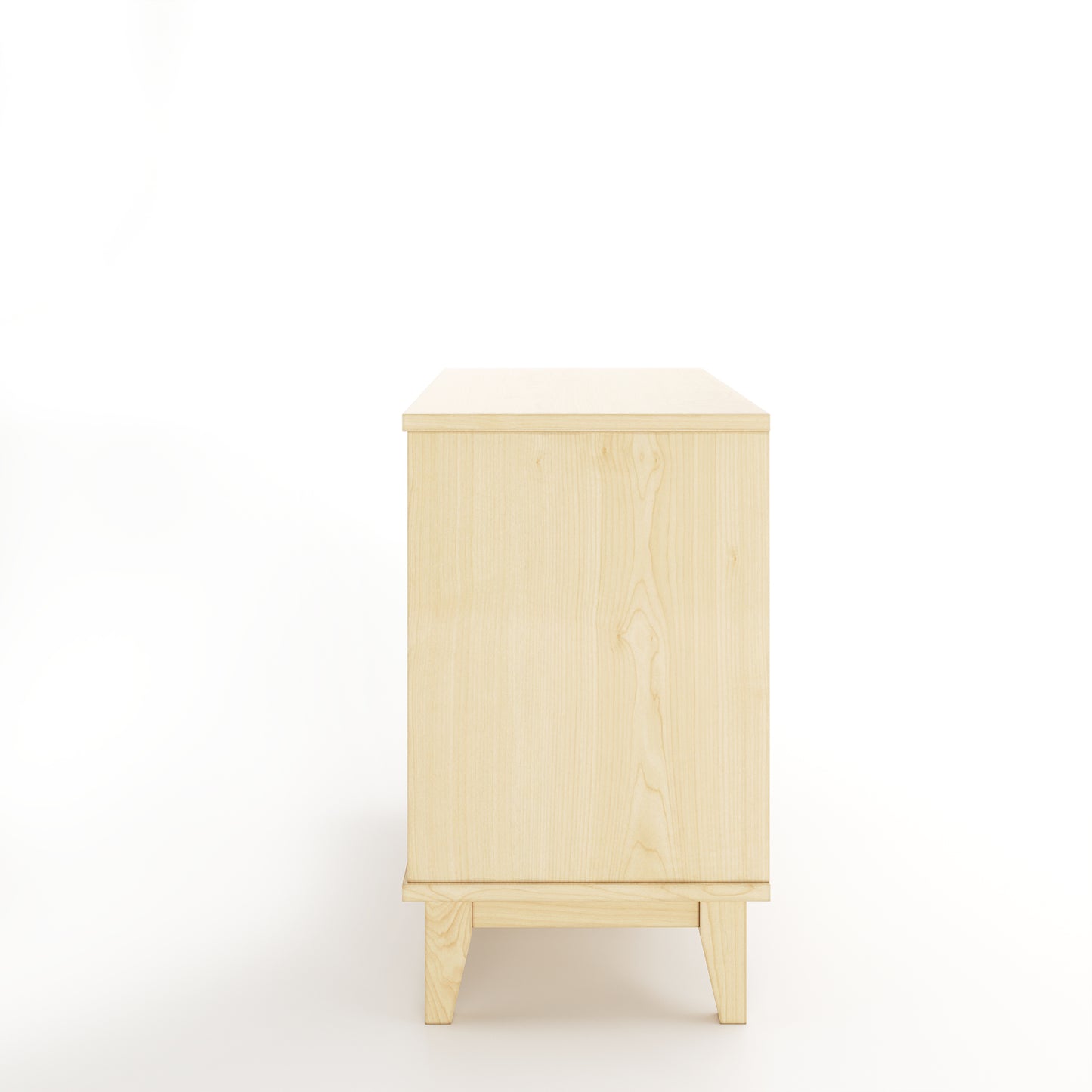 Side view of a maple nightstand with one drawer on a white background