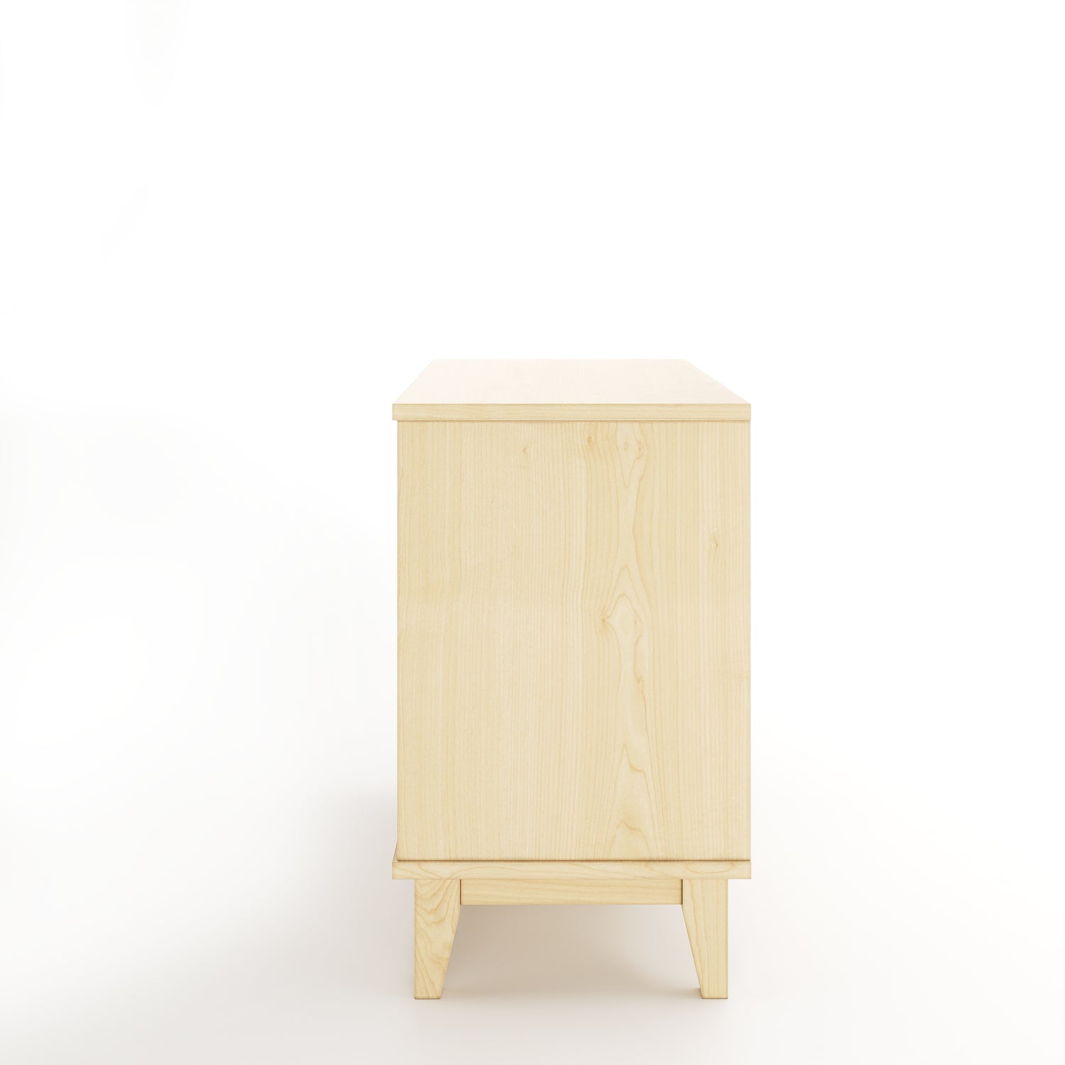 Side view of a maple nightstand with one drawer on a white background