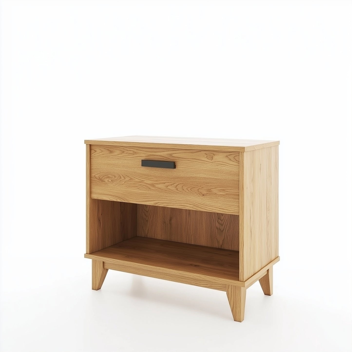 A nightstand made of oak featuring one drawer and one shelf on a white background