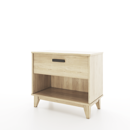Angled image of an oak nightstand with one drawer on a white background